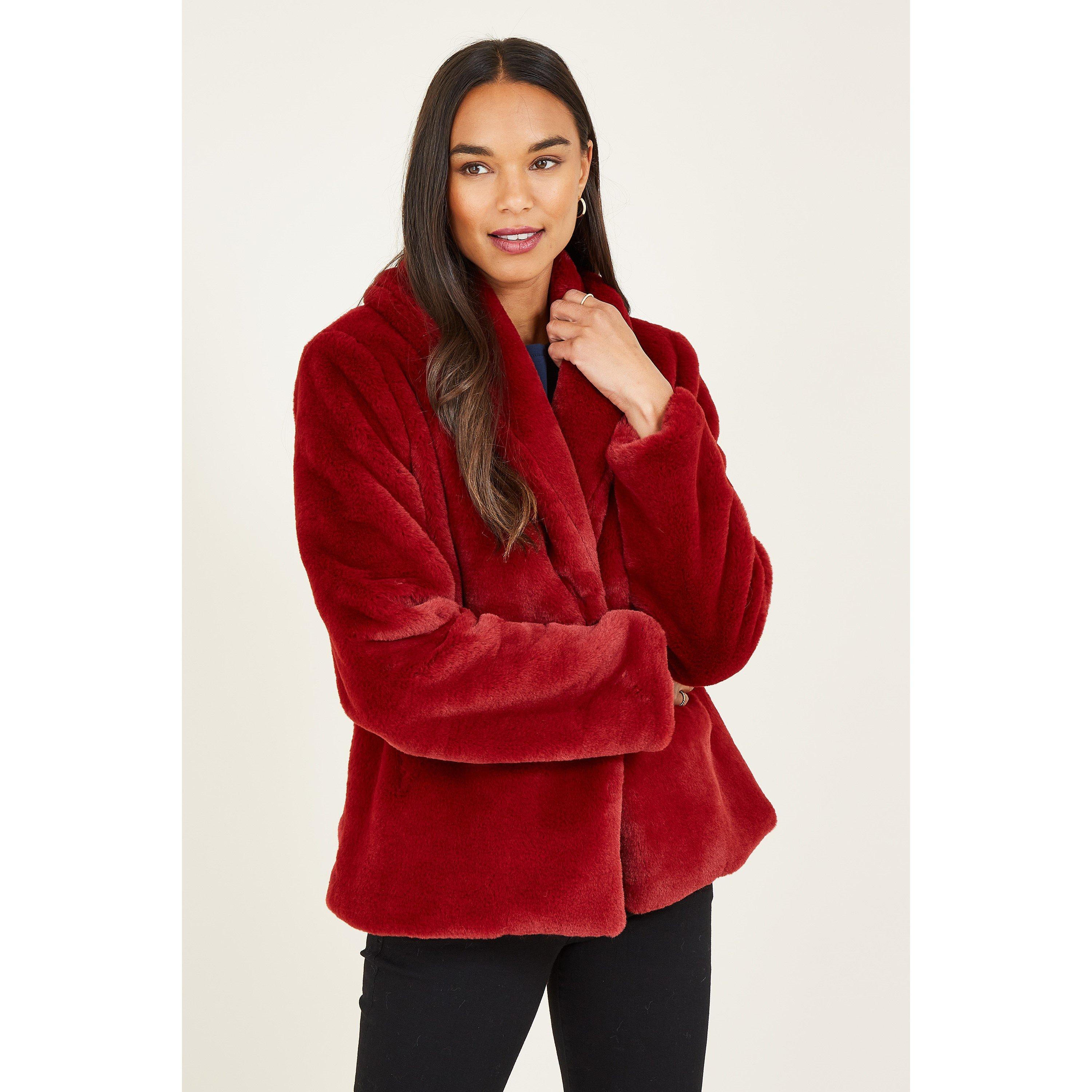 Yumi Women's Red Short Wrap Faux Fur Coat