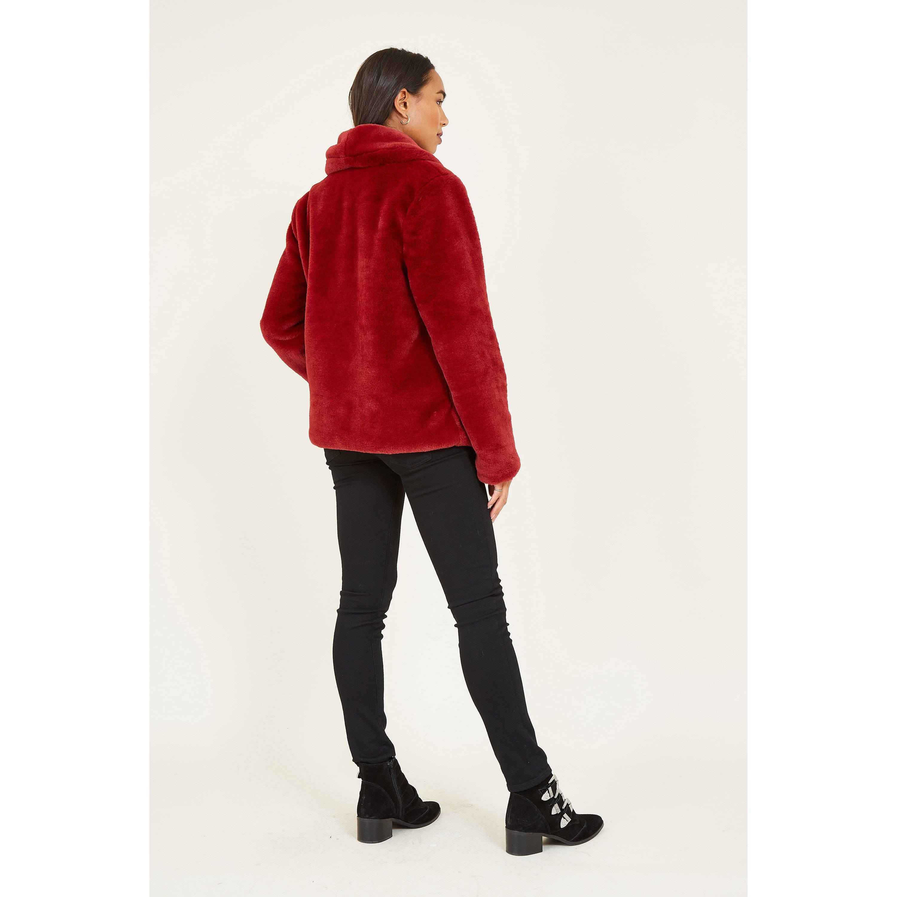 Red - Yumi - Women's Red Short Wrap Faux Fur Coat - 3