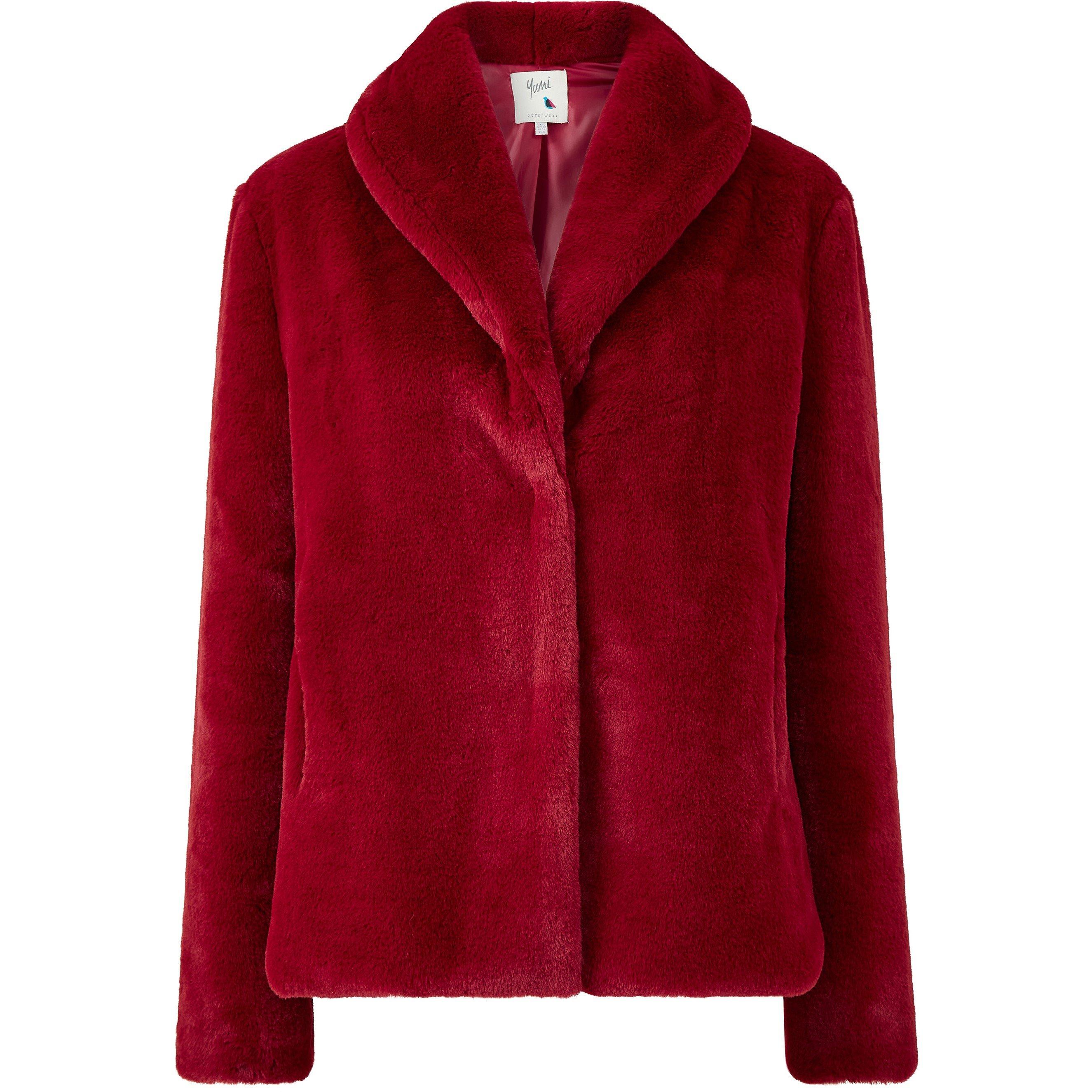 Red - Yumi - Women's Red Short Wrap Faux Fur Coat - 4
