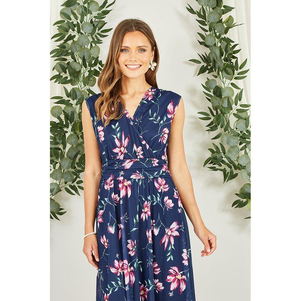 Navy - Yumi - Navy Floral Print Mesh Midi Dress - 2