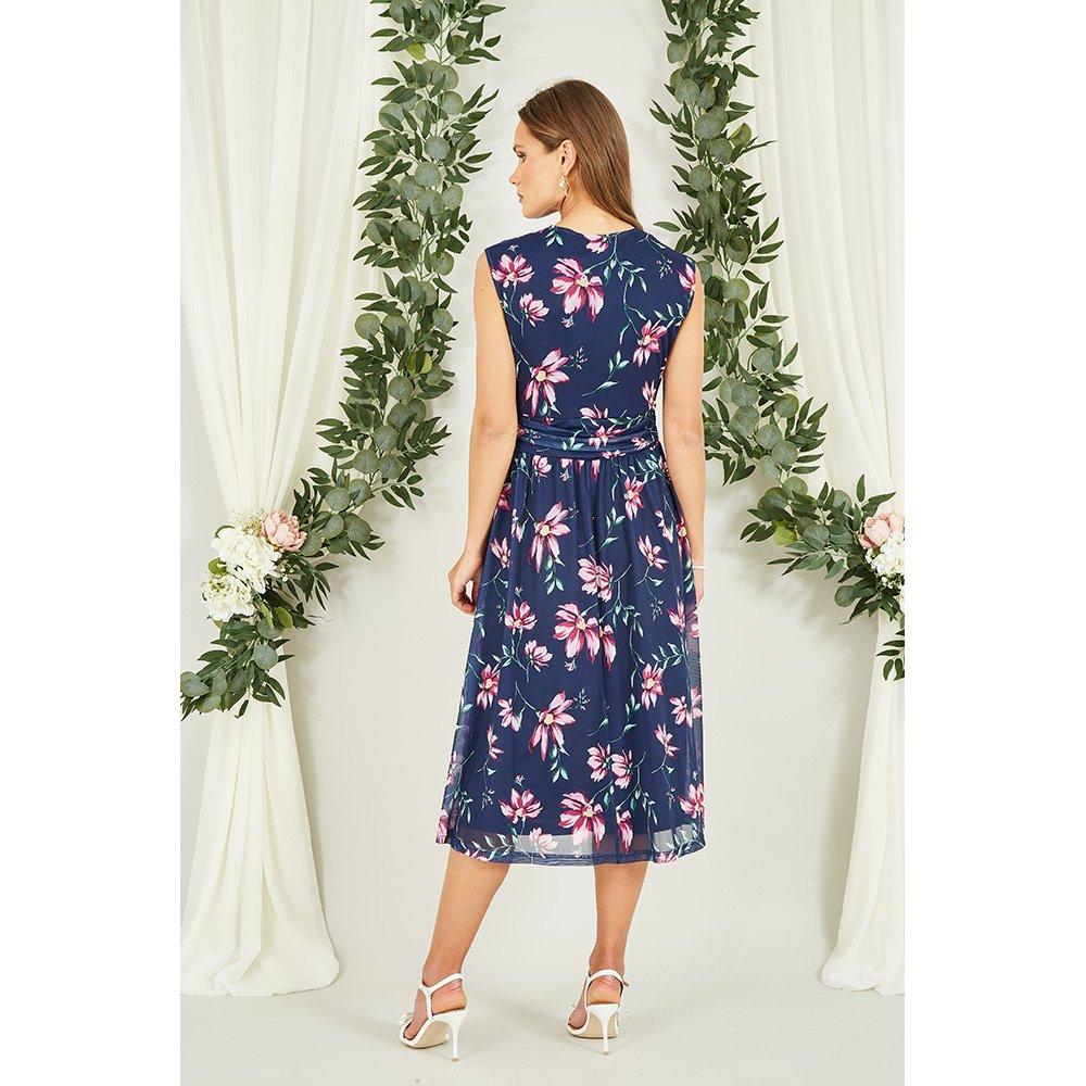 Navy - Yumi - Navy Floral Print Mesh Midi Dress - 3