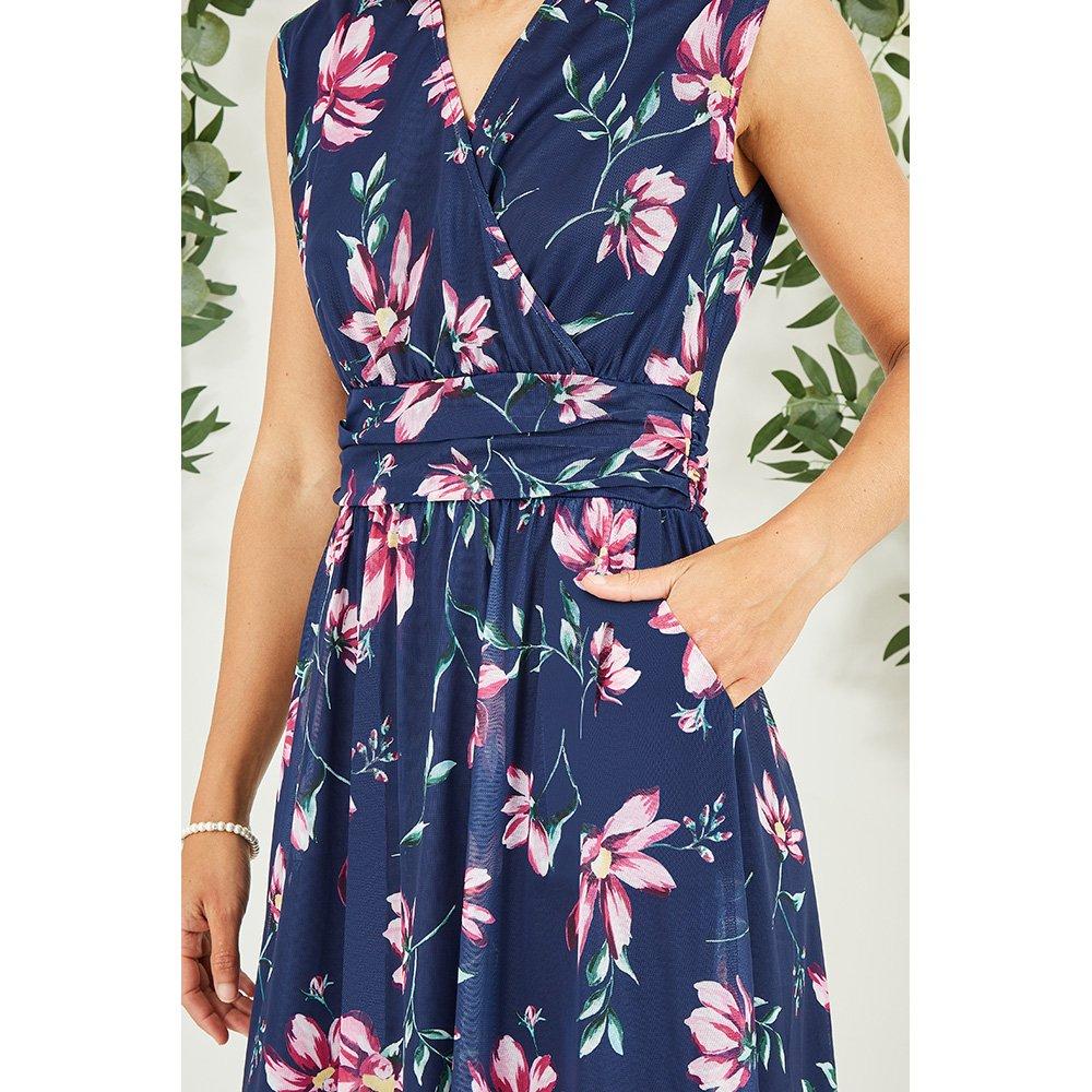 Navy - Yumi - Navy Floral Print Mesh Midi Dress - 4
