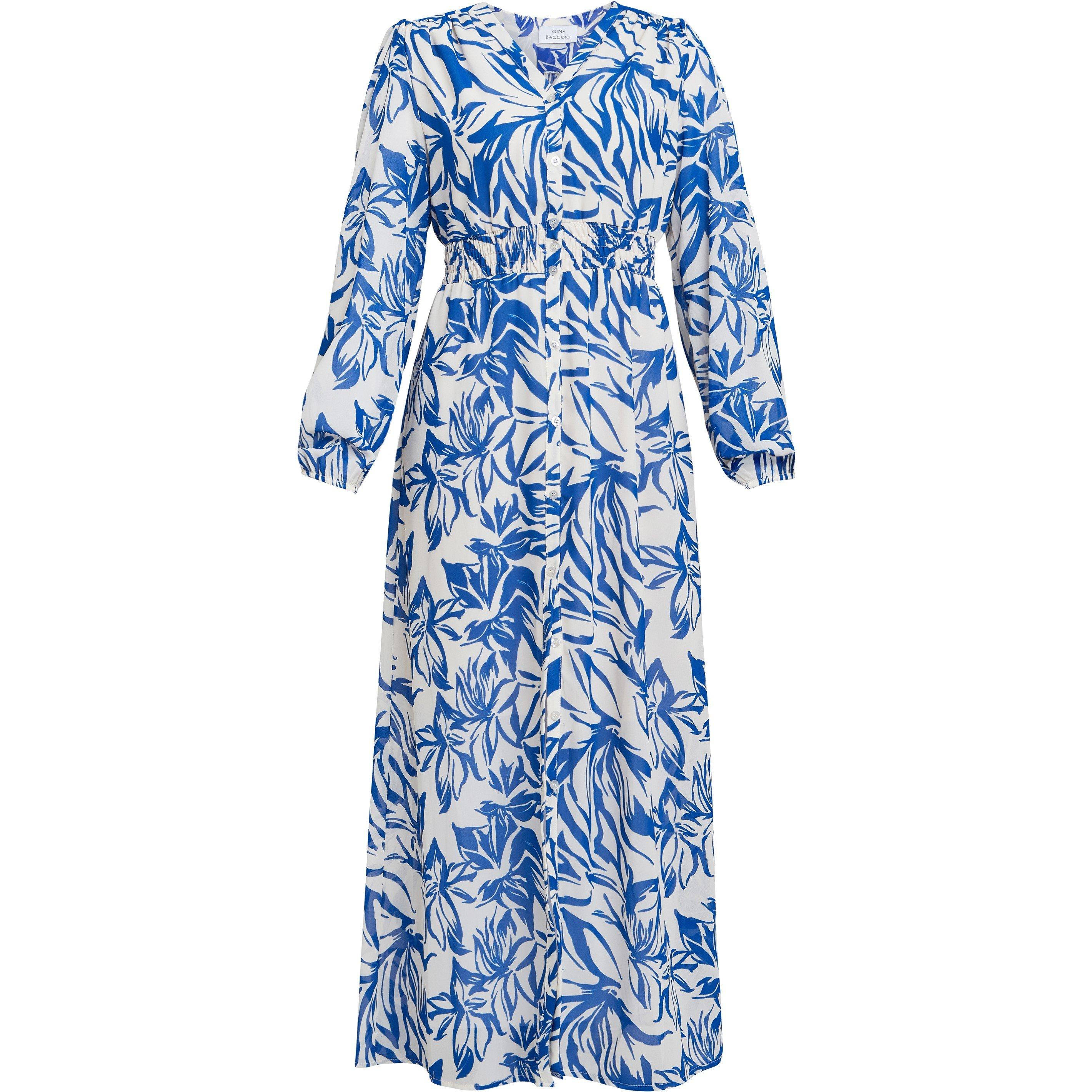 Blue / White - Gina Bacconi - Judy Button Dwon Long Sleeve Dress - 4