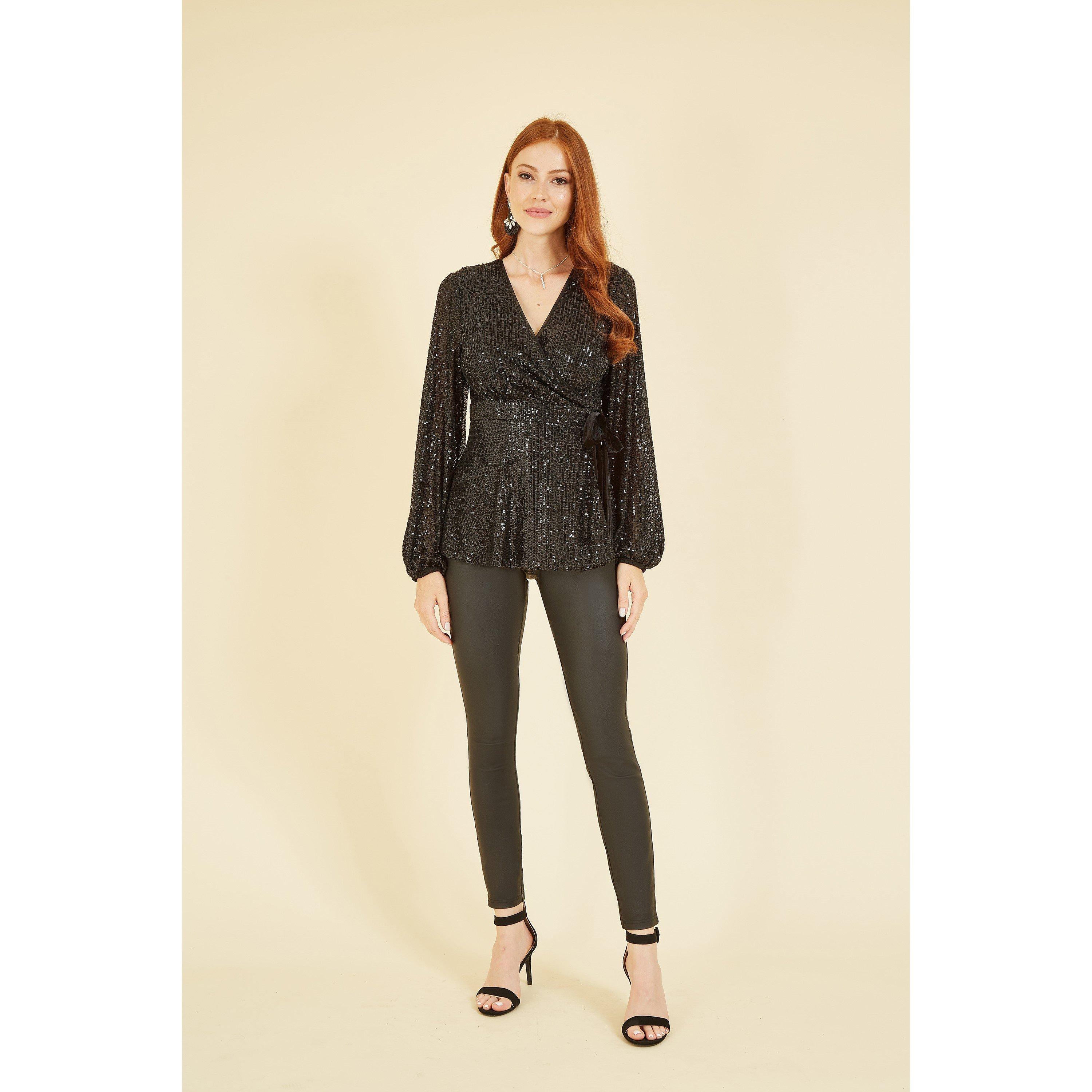 Black - Yumi - Black Sequin Wrap Top With Velvet Tie - 2
