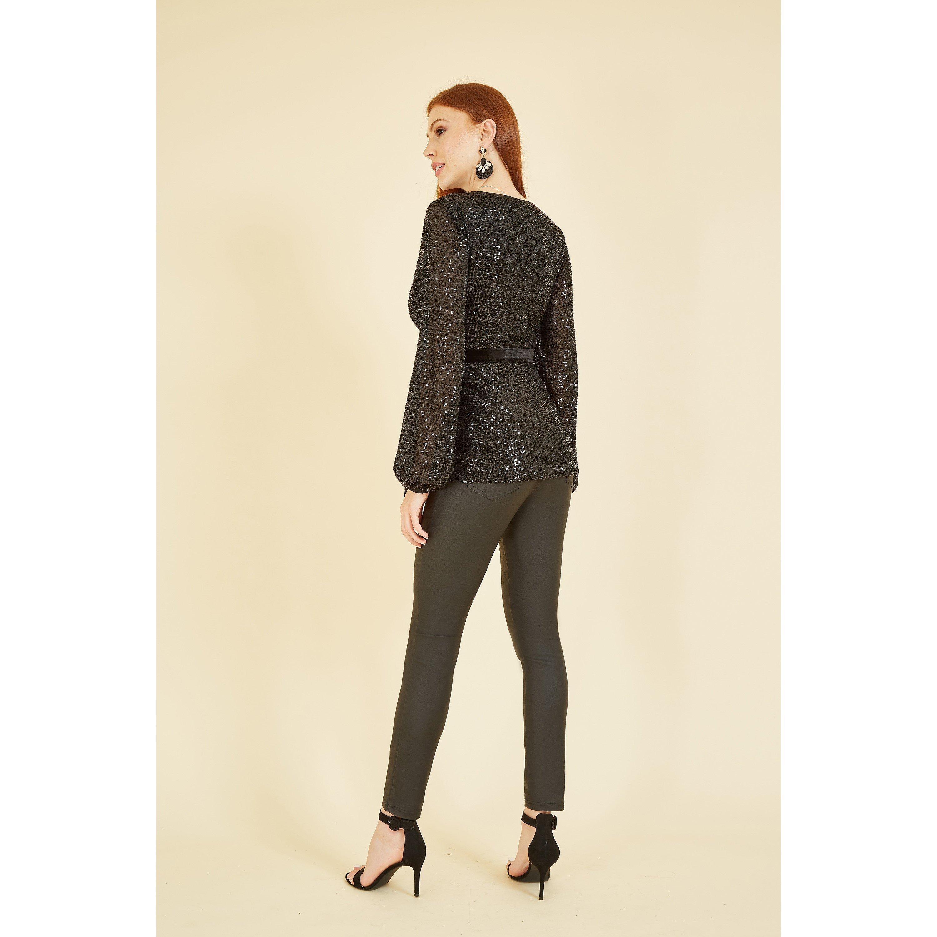 Black - Yumi - Black Sequin Wrap Top With Velvet Tie - 3
