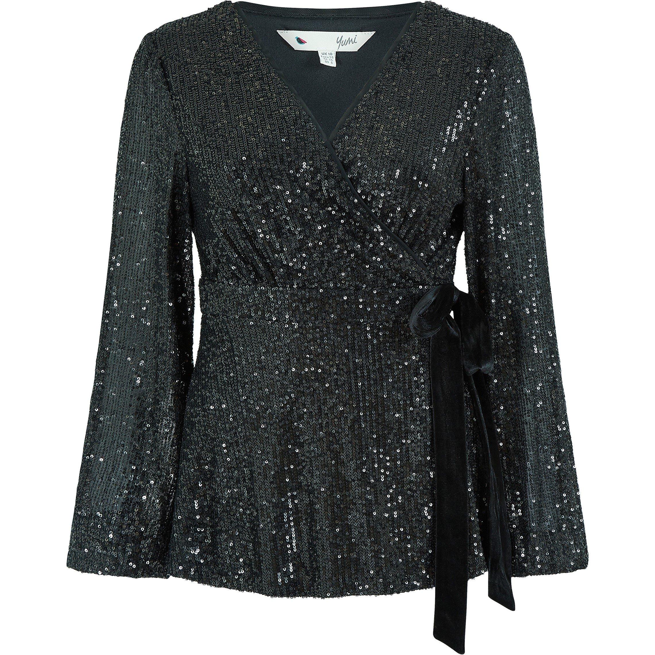 Black - Yumi - Black Sequin Wrap Top With Velvet Tie - 4