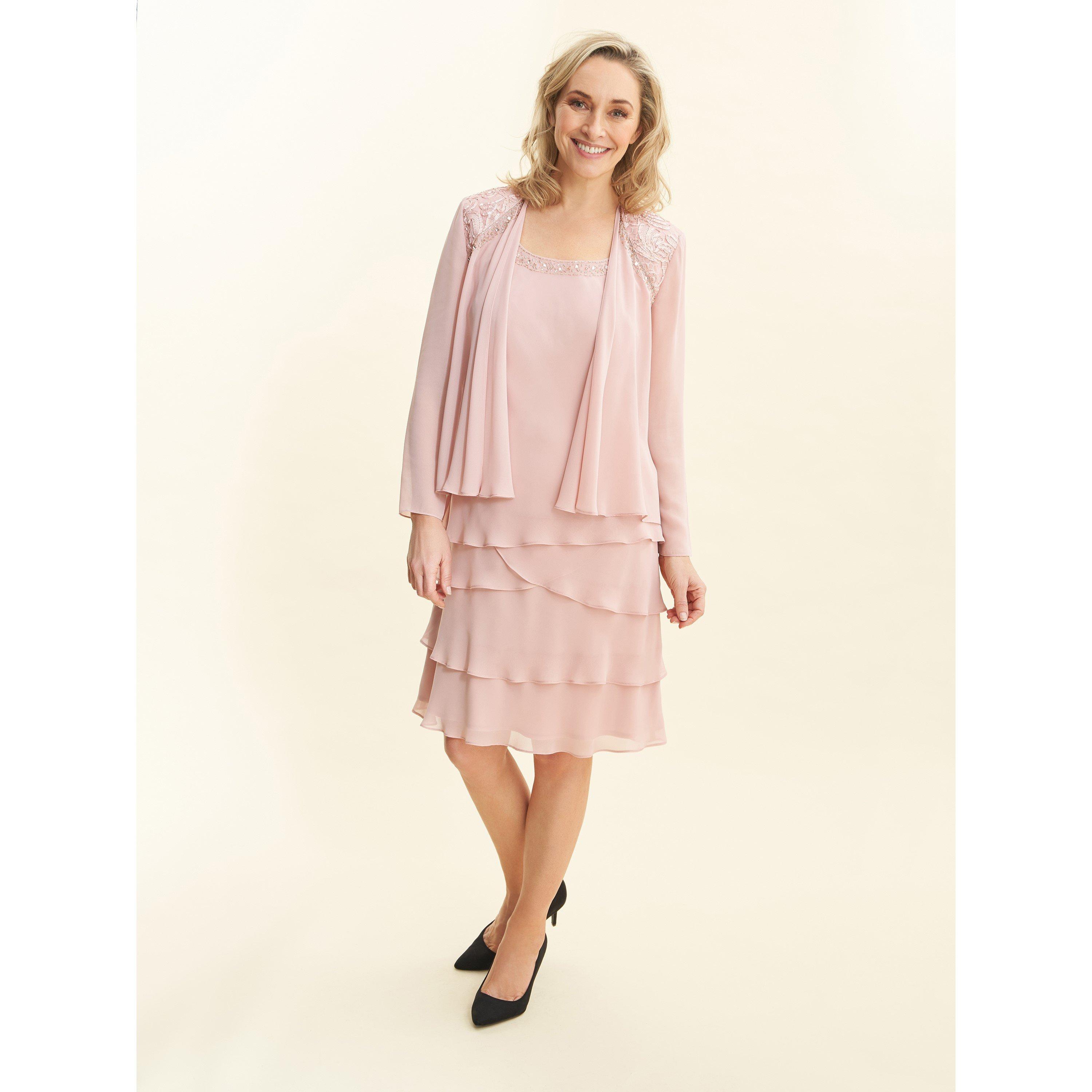 Gina Bacconi Women's Camira Lace Shoulder Tier Jacket Dress - Rose Pink - 22