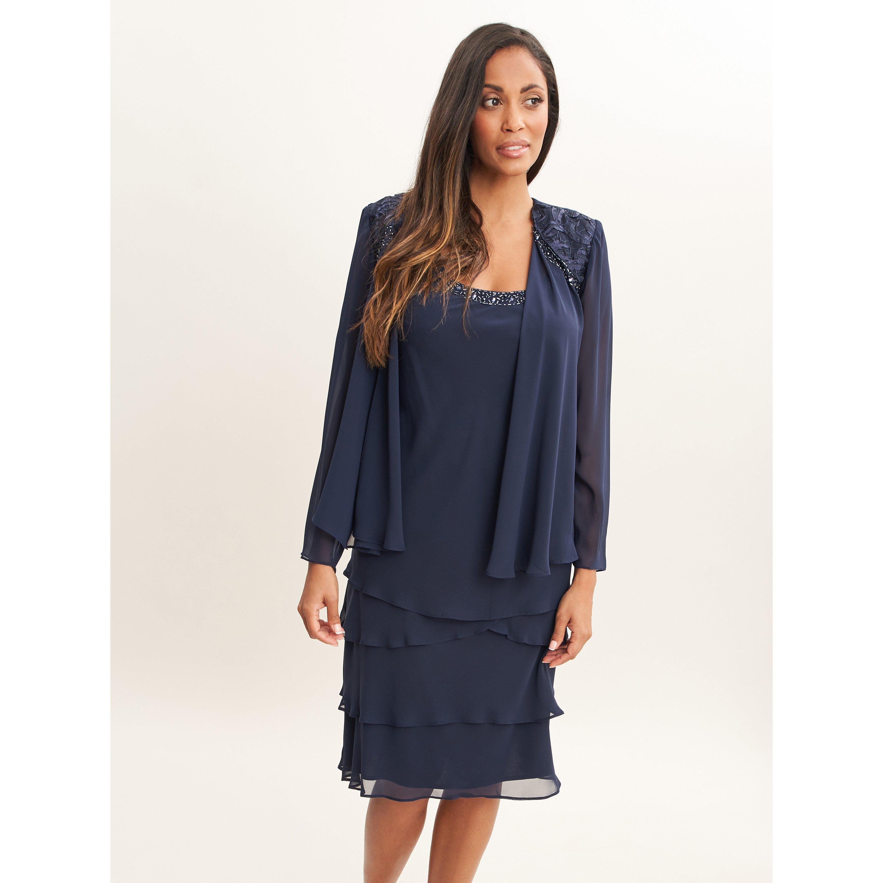 Spring Navy - Gina Bacconi - Camira Lace Shoulder Tier Jacket Dress - 2
