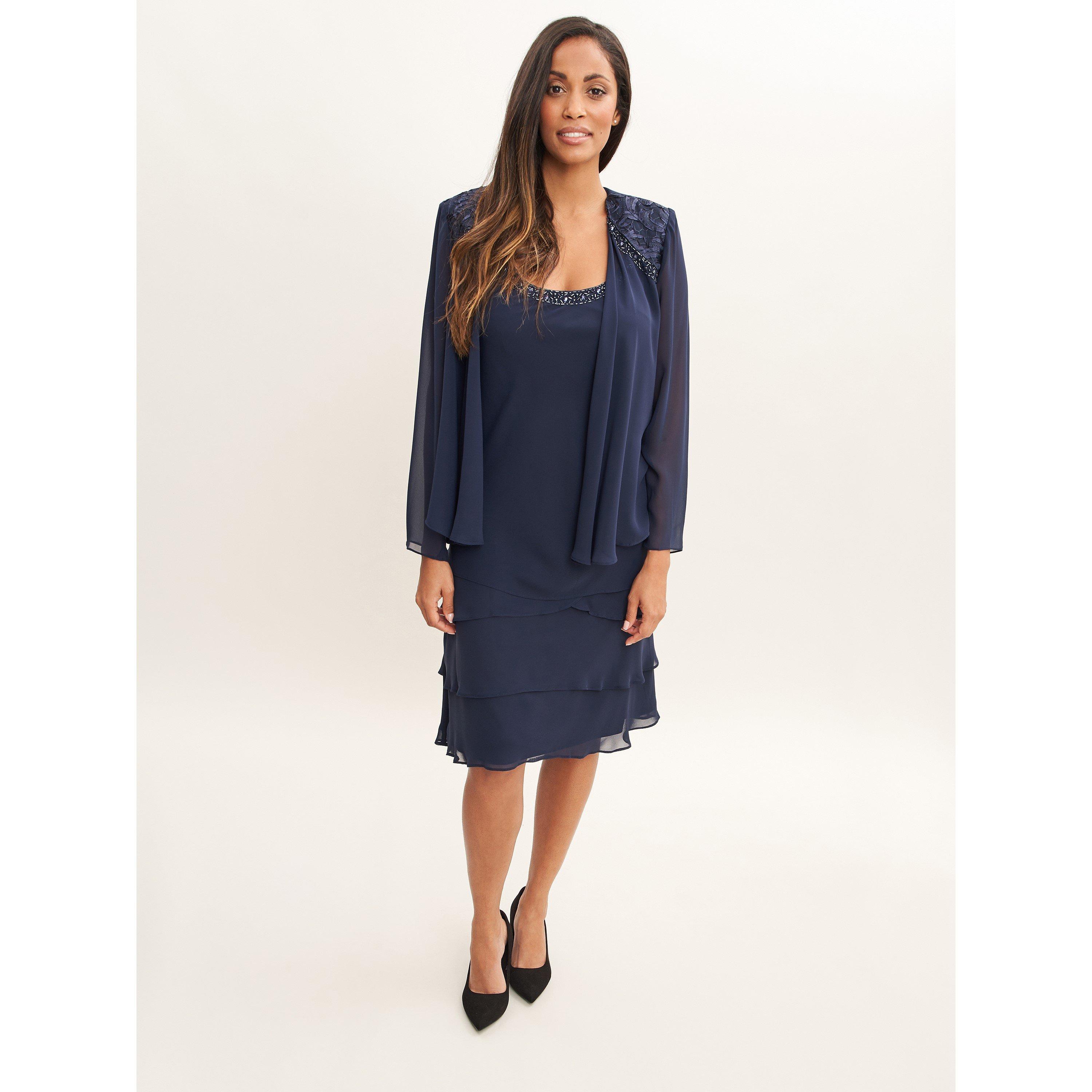 Spring Navy - Gina Bacconi - Camira Lace Shoulder Tier Jacket Dress - 4