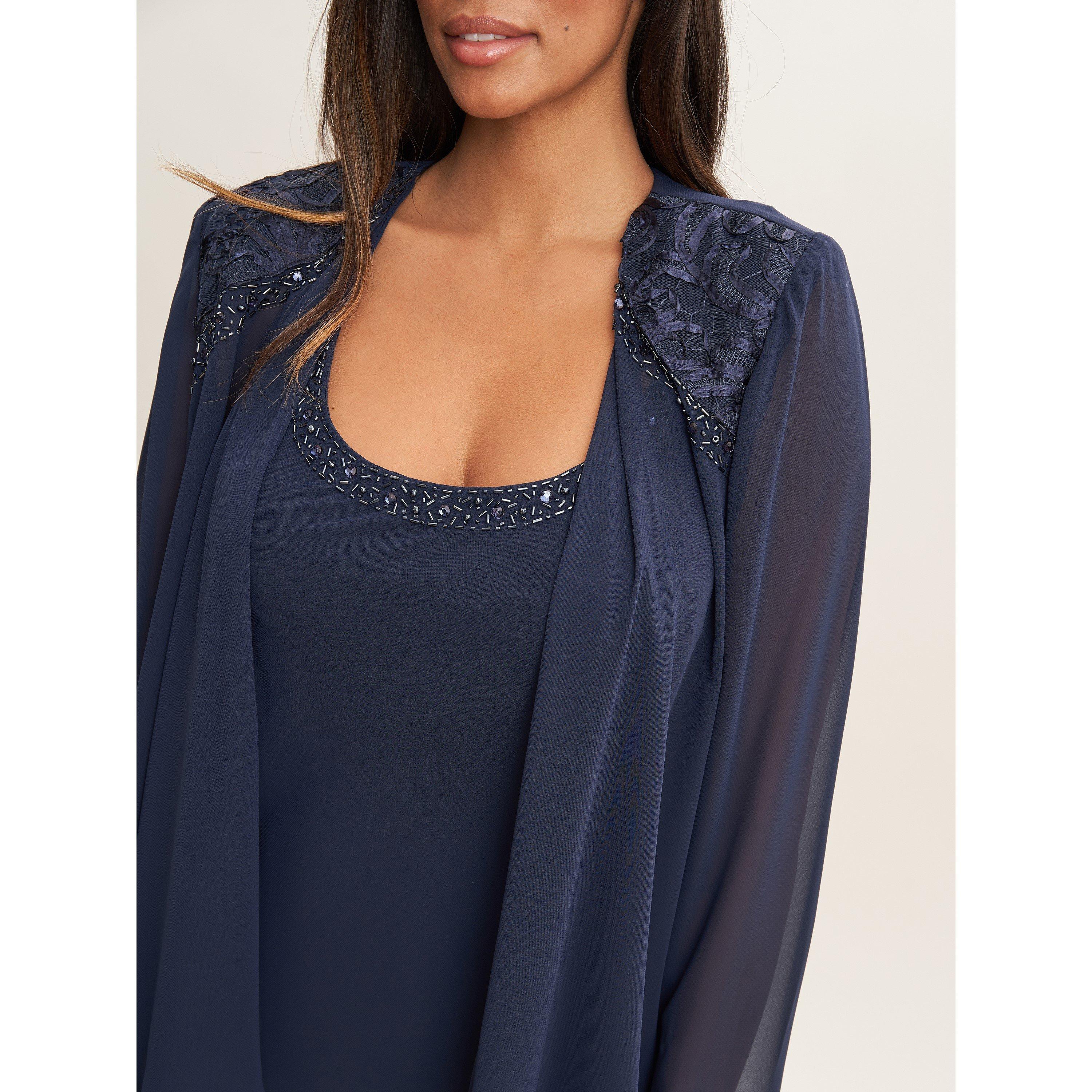 Spring Navy - Gina Bacconi - Camira Lace Shoulder Tier Jacket Dress - 5