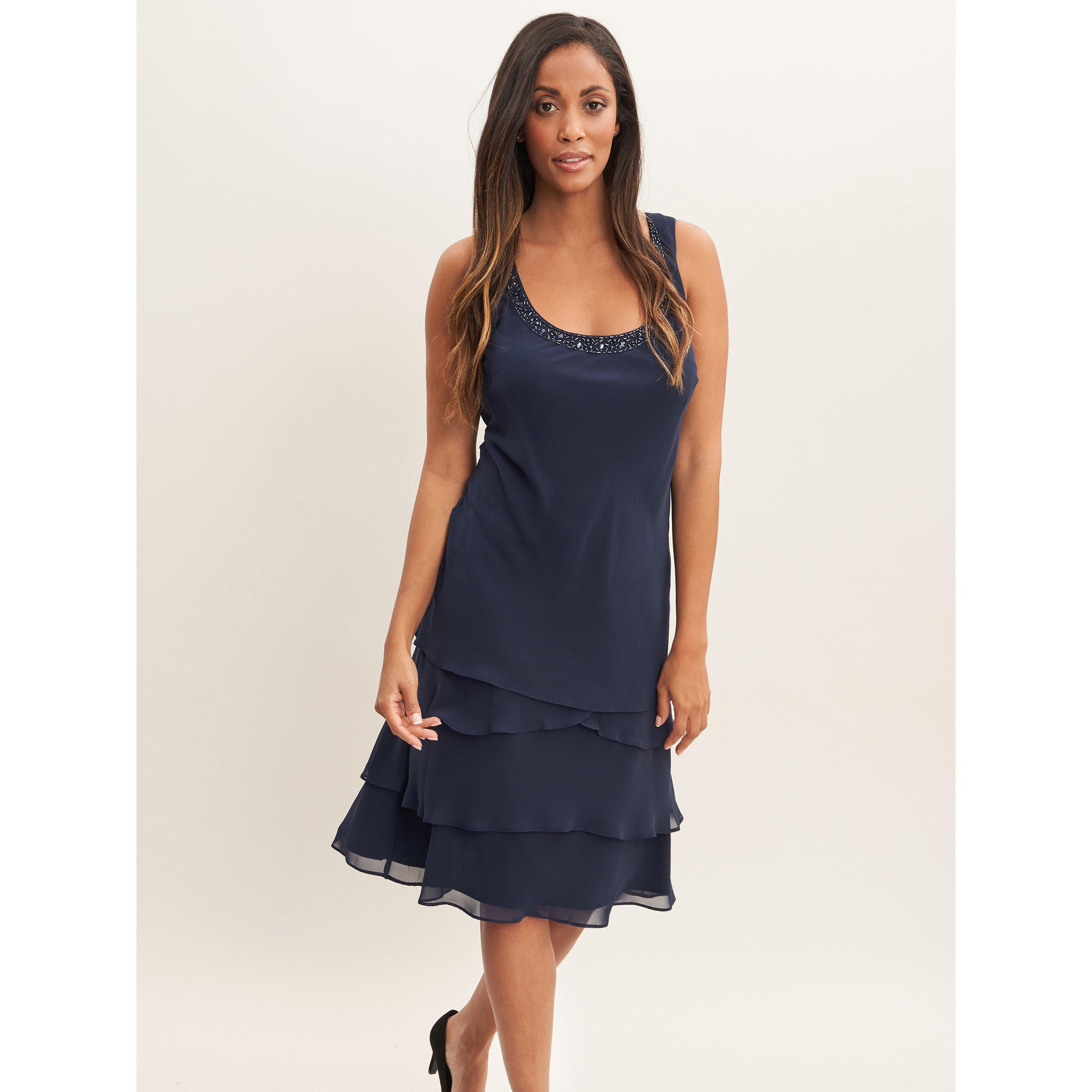 Spring Navy - Gina Bacconi - Camira Lace Shoulder Tier Jacket Dress - 6