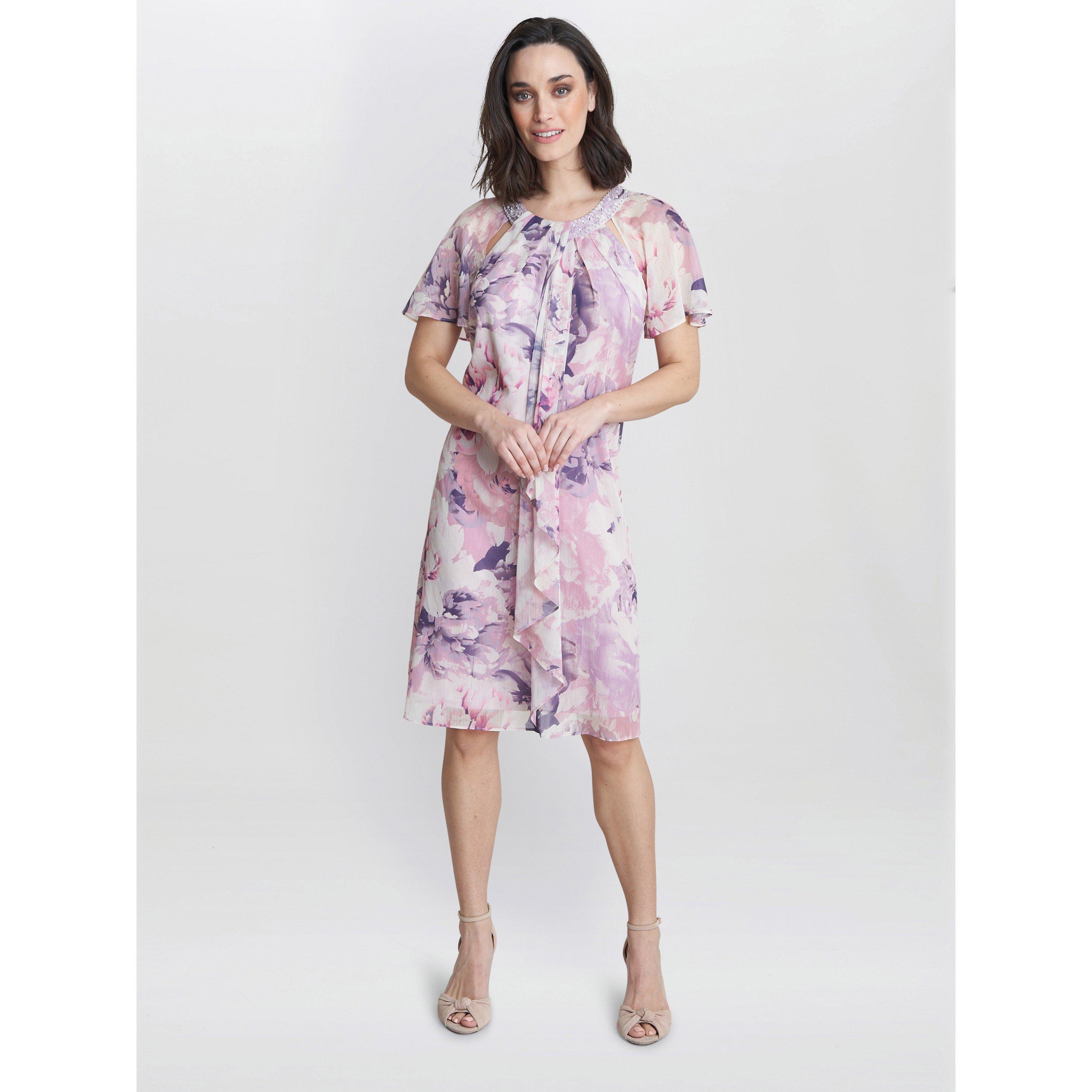 Lilac - Gina Bacconi - Erika Printed Dress With Embellished Neckline - 3