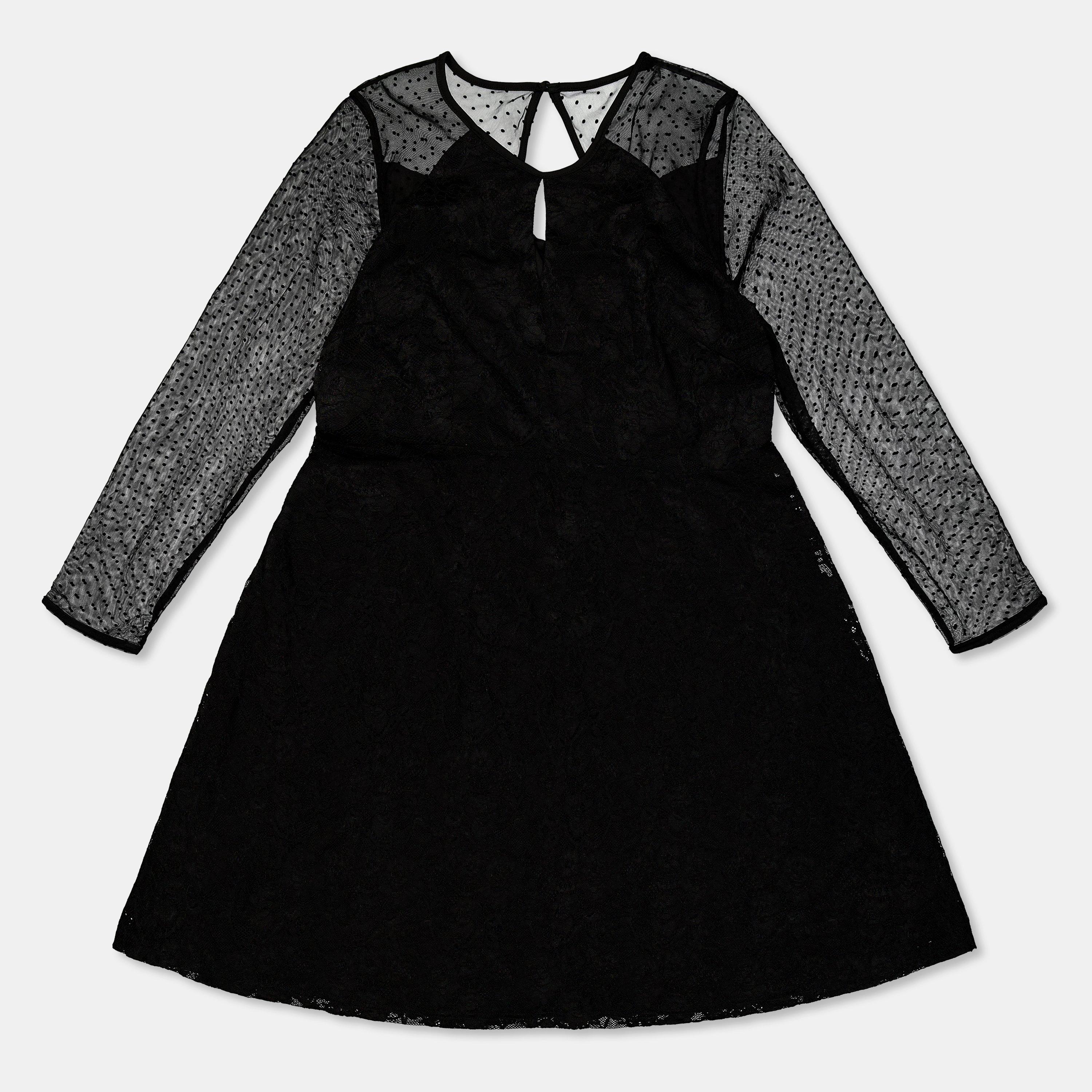 Black - Yumi - Black Lace Mesh Skater Dress - 2