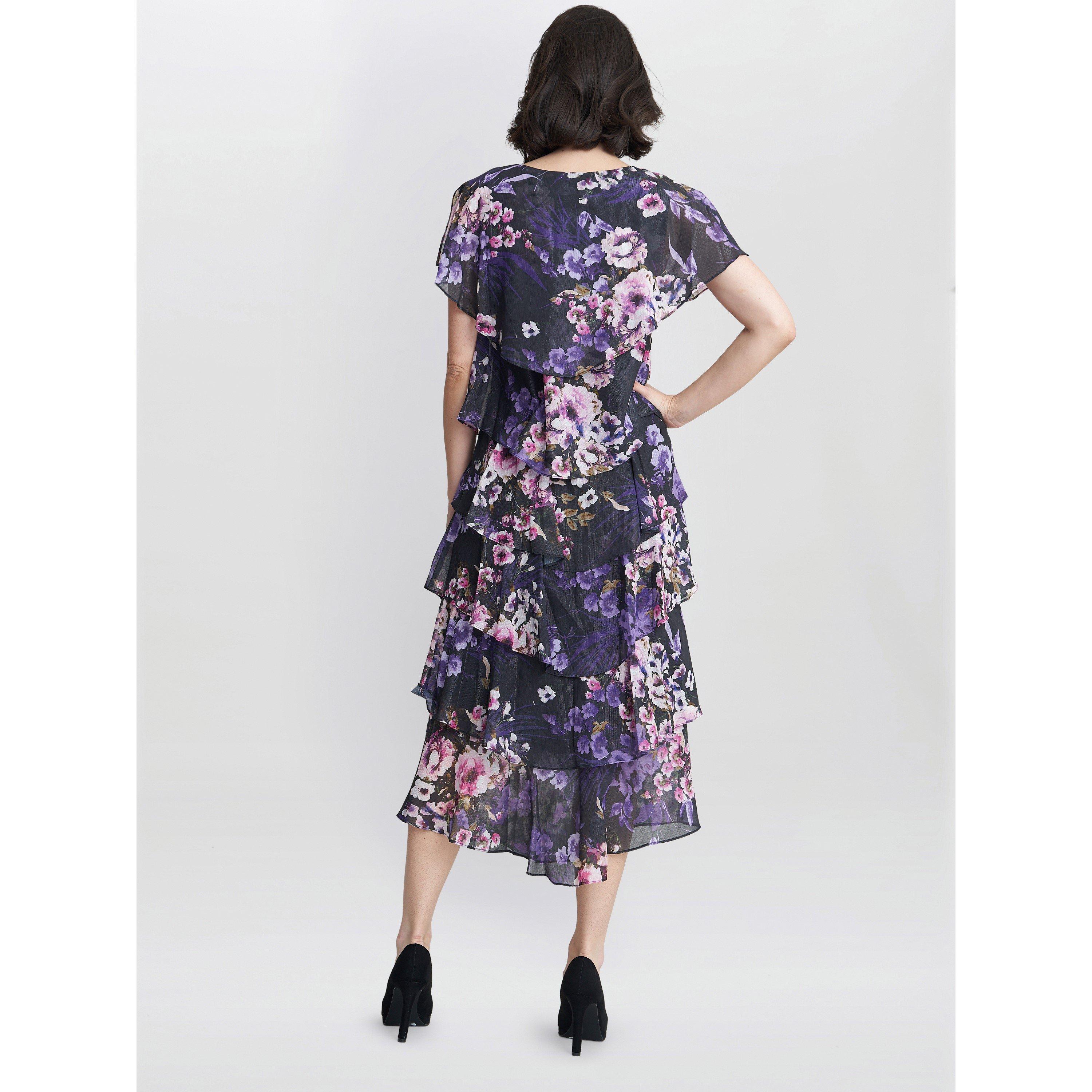 Black / Multi - Gina Bacconi - Leticia Floral Print Midi Tiered Dress - 2