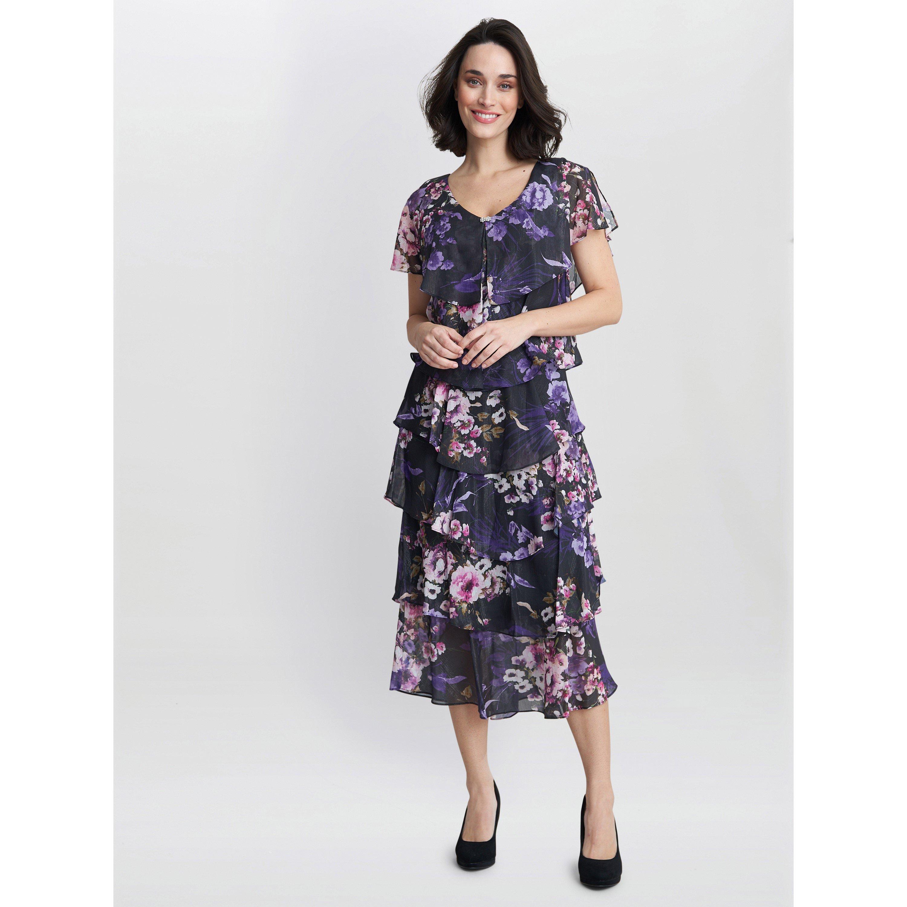 Black / Multi - Gina Bacconi - Leticia Floral Print Midi Tiered Dress - 3