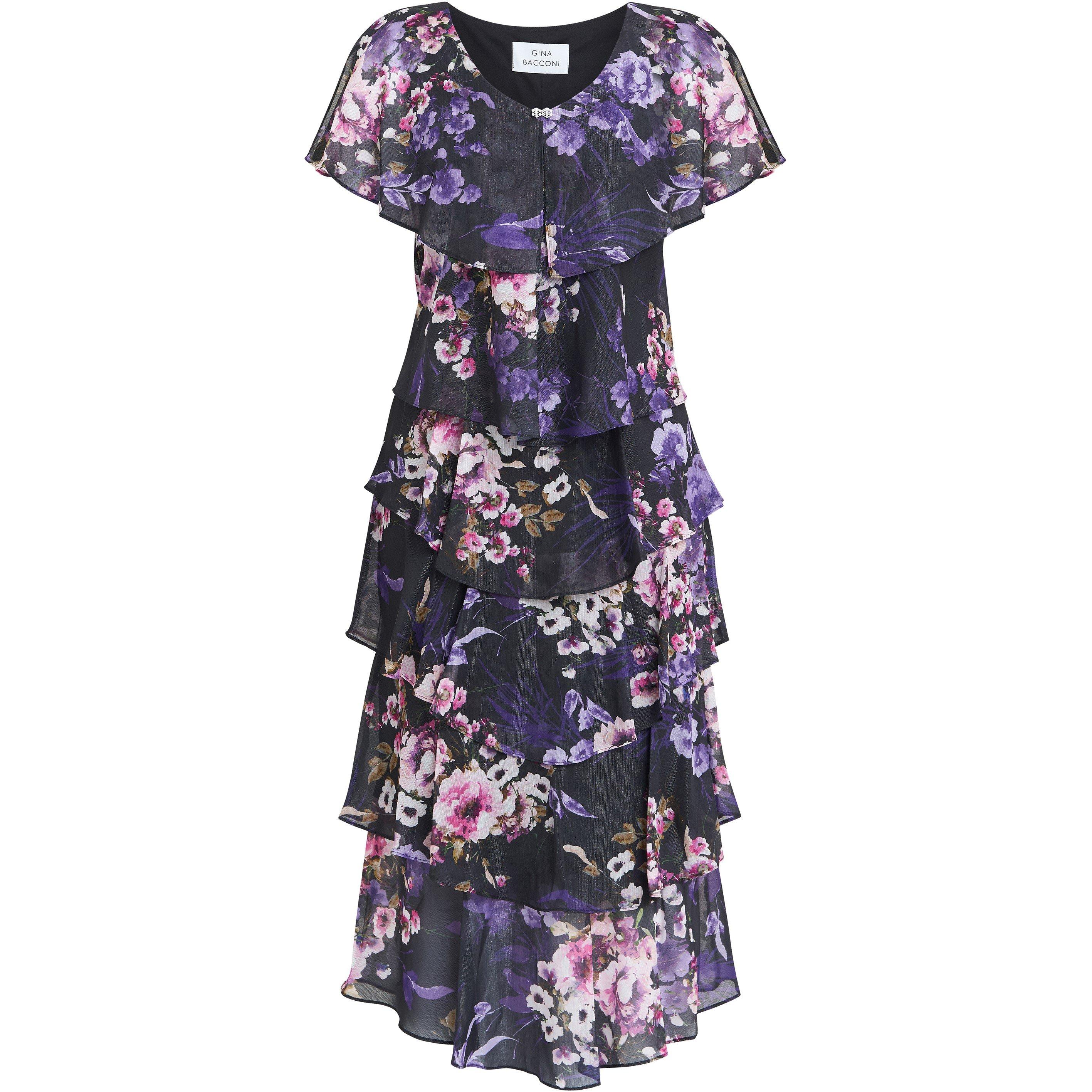 Black / Multi - Gina Bacconi - Leticia Floral Print Midi Tiered Dress - 4