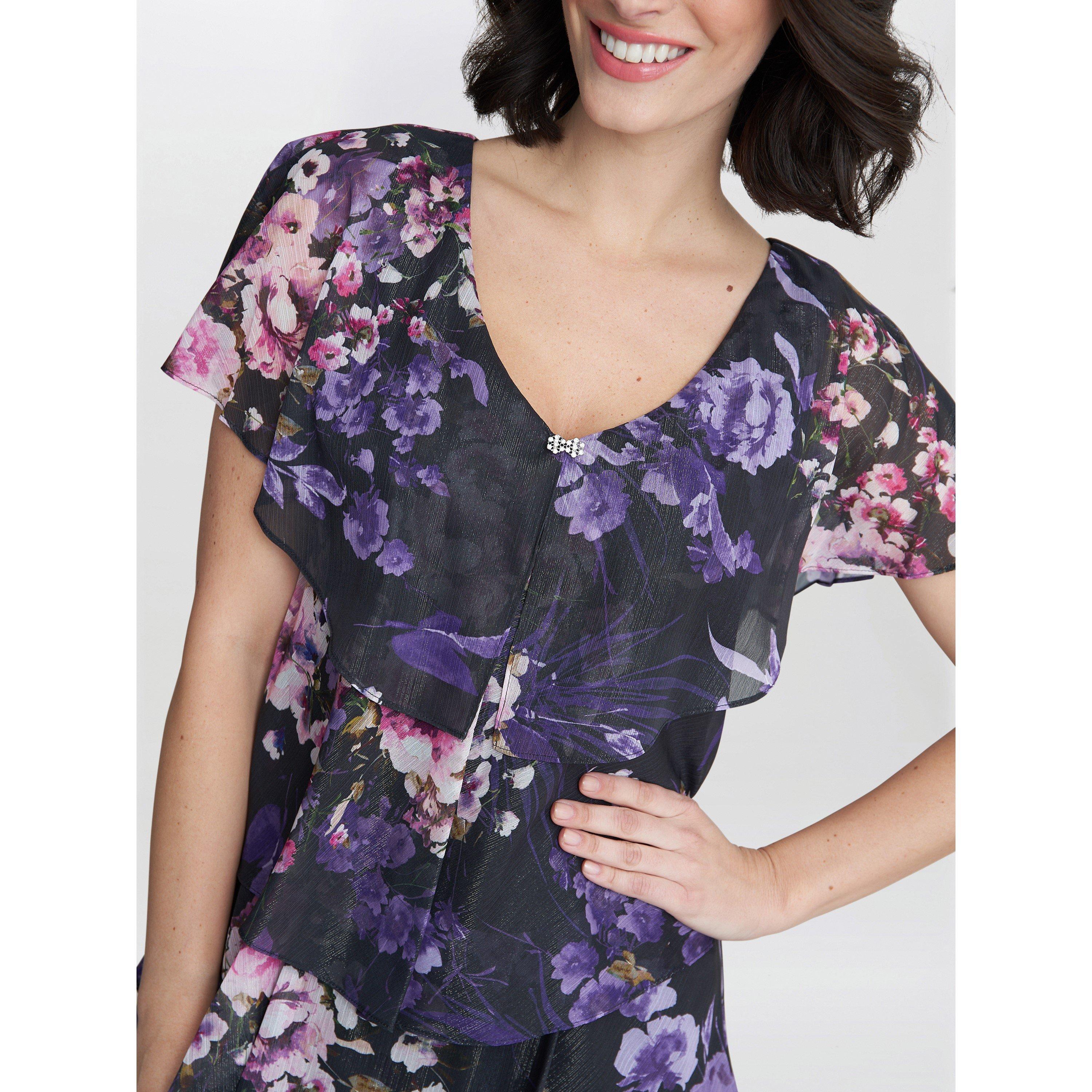 Black / Multi - Gina Bacconi - Leticia Floral Print Midi Tiered Dress - 5