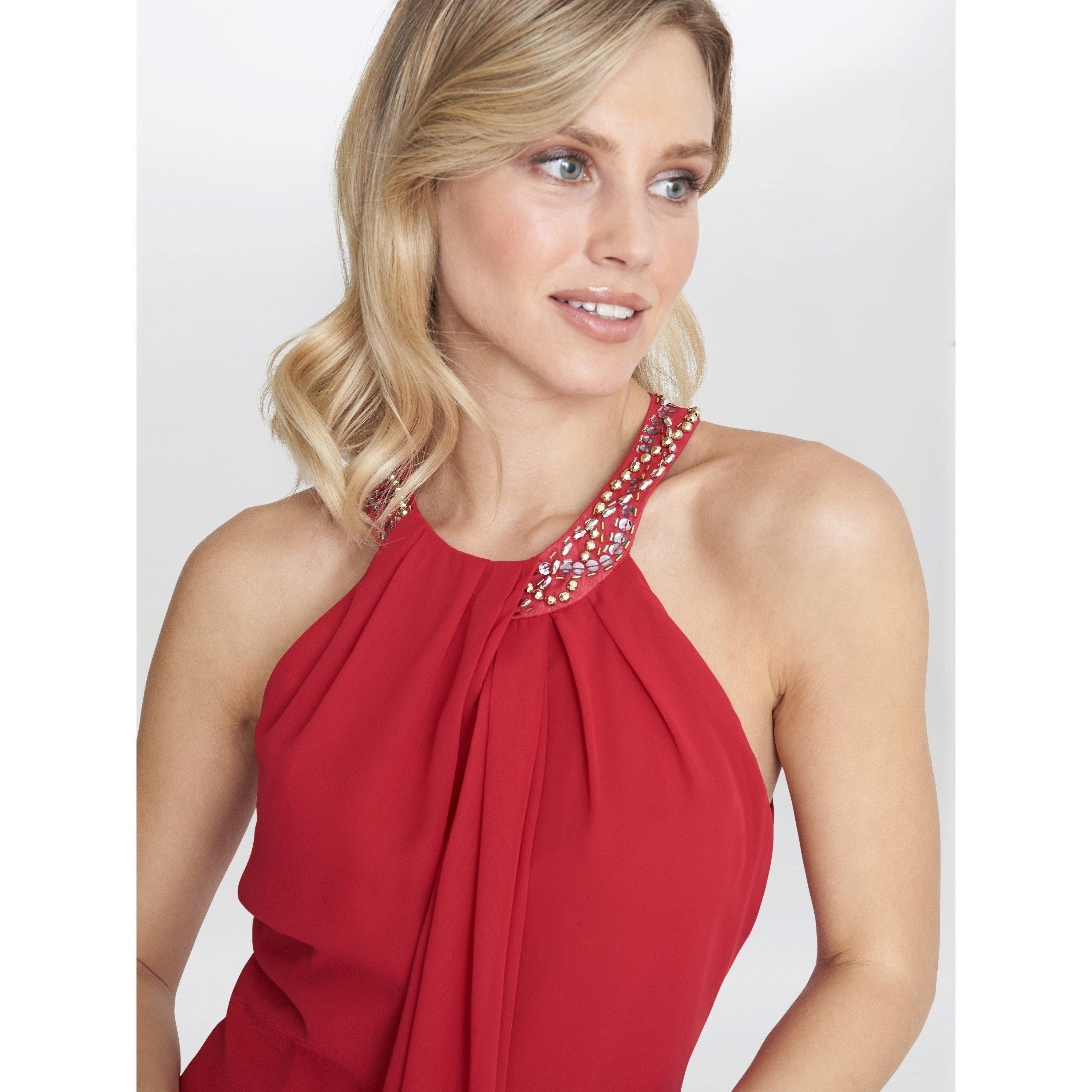 Red - Gina Bacconi - Jane Beaded Halterneck Chiffon Dress - 5