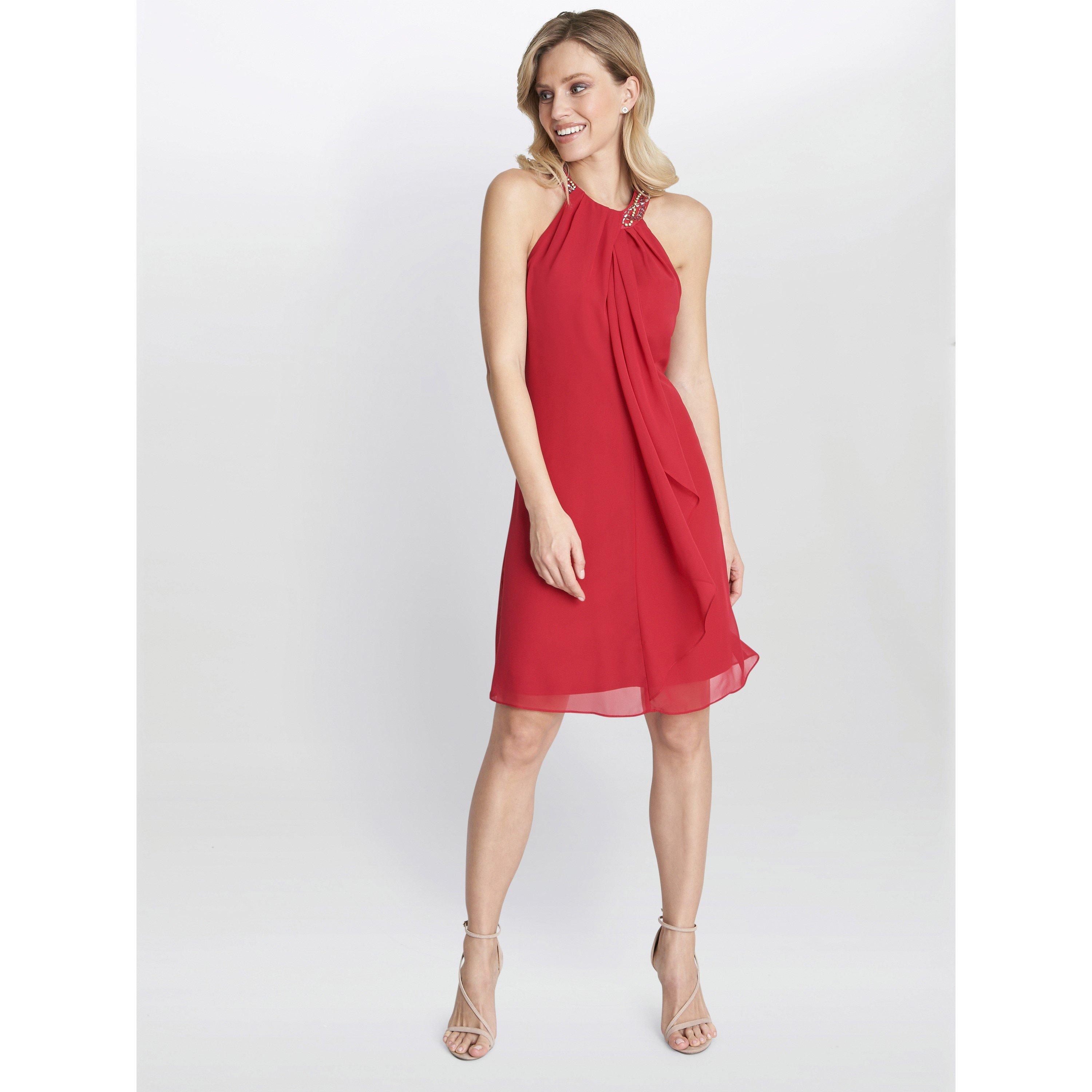 Red - Gina Bacconi - Jane Beaded Halterneck Chiffon Dress - 6