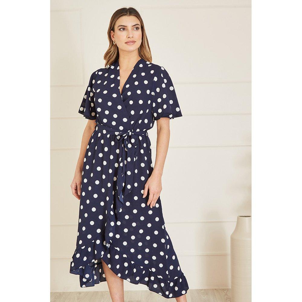 Navy - Mela London - Navy Spot Print Wrap Midi Dress - 1