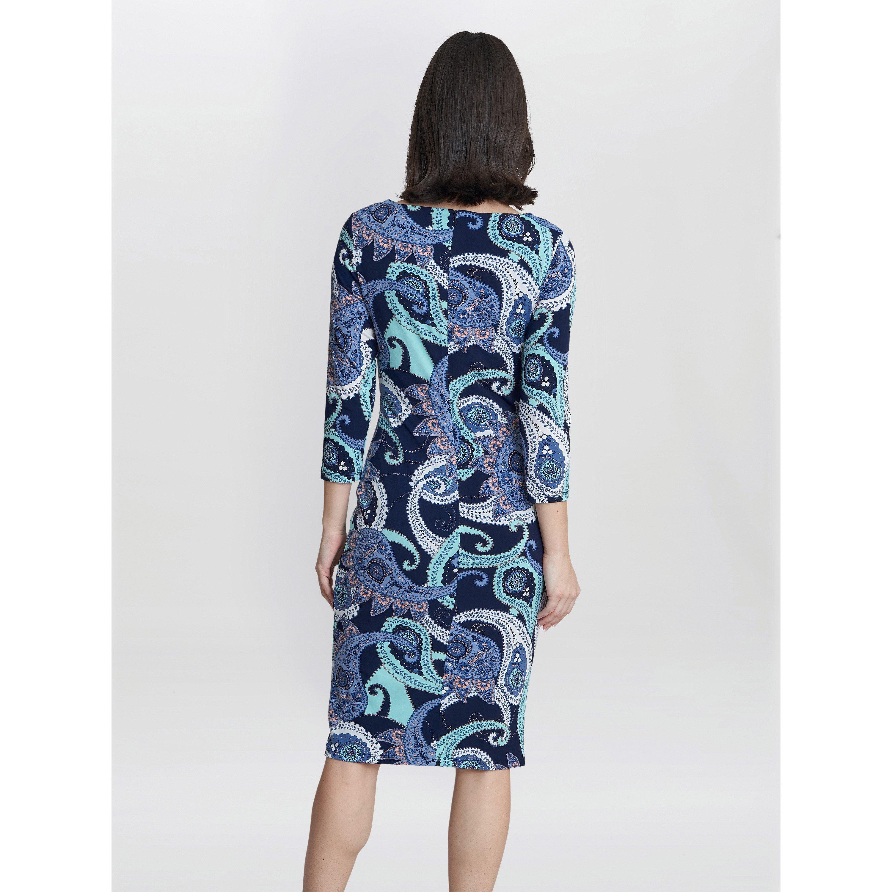 Navy / Green - Gina Bacconi - Alyssa Printed Jersey Cowl Neck Dress - 2