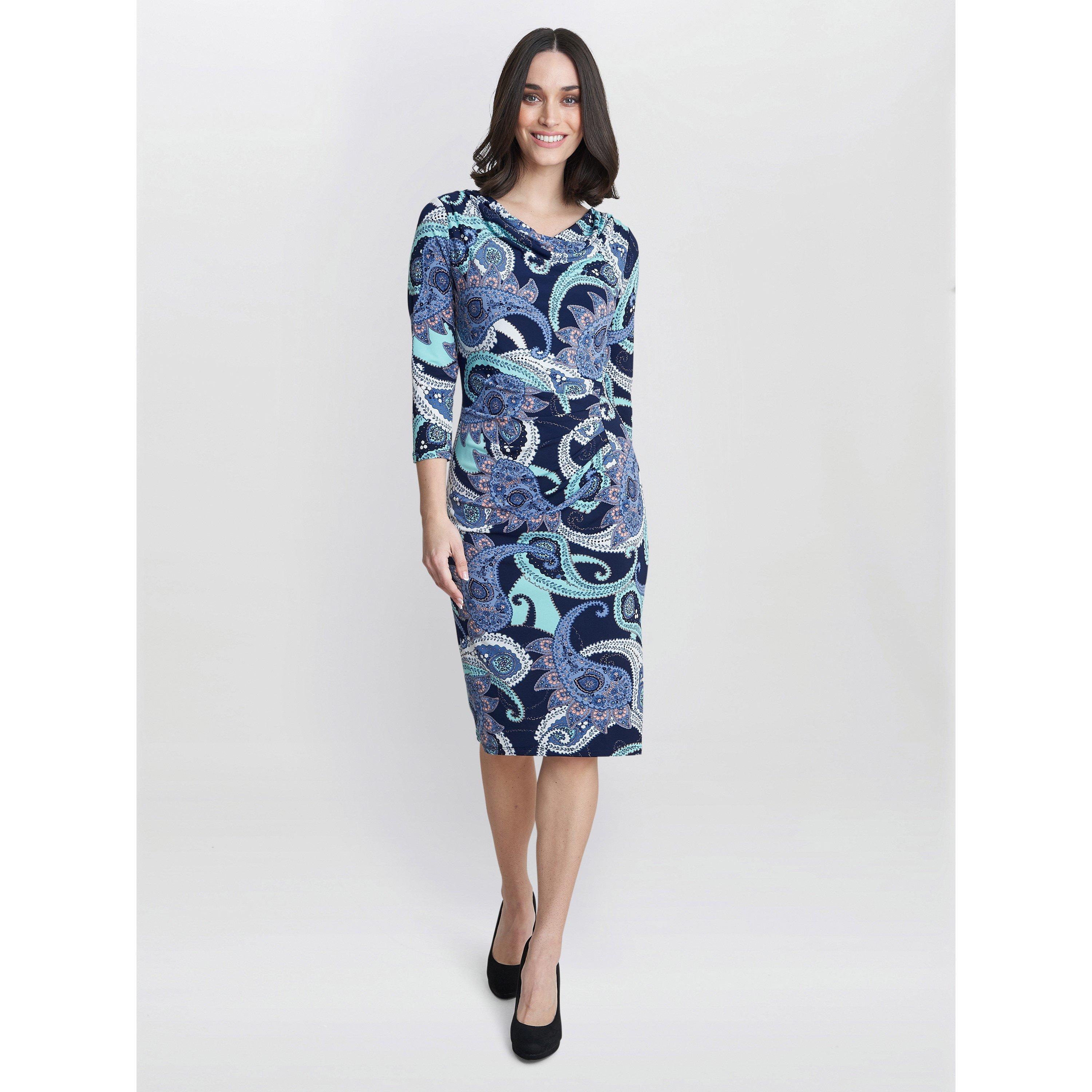 Navy / Green - Gina Bacconi - Alyssa Printed Jersey Cowl Neck Dress - 3