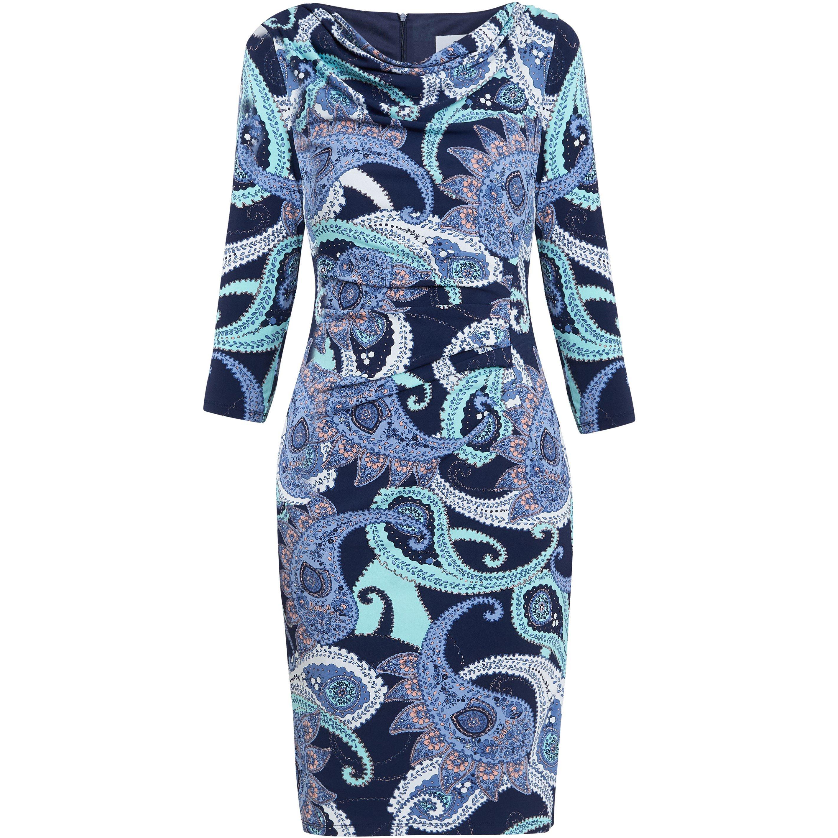 Navy / Green - Gina Bacconi - Alyssa Printed Jersey Cowl Neck Dress - 4