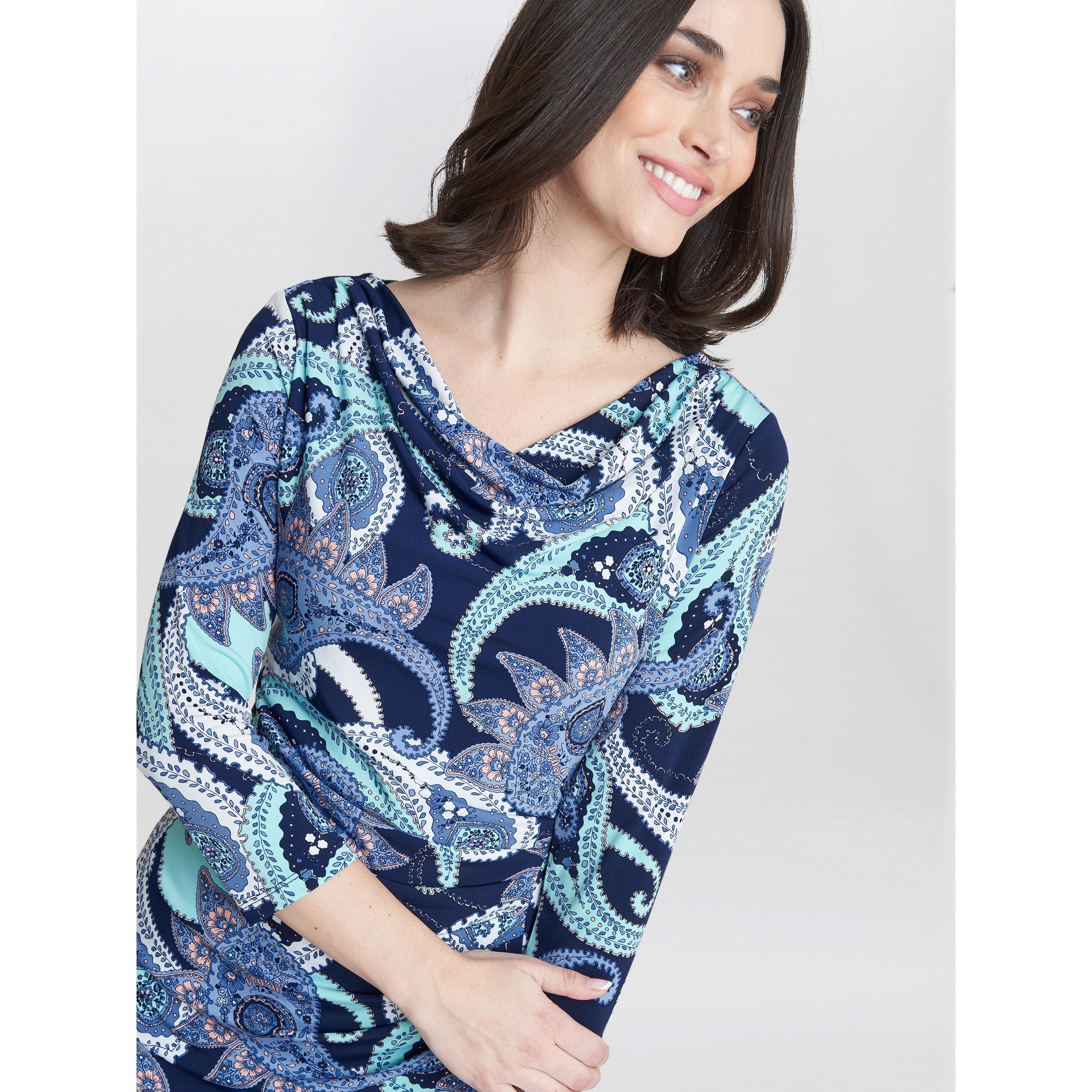 Navy / Green - Gina Bacconi - Alyssa Printed Jersey Cowl Neck Dress - 5