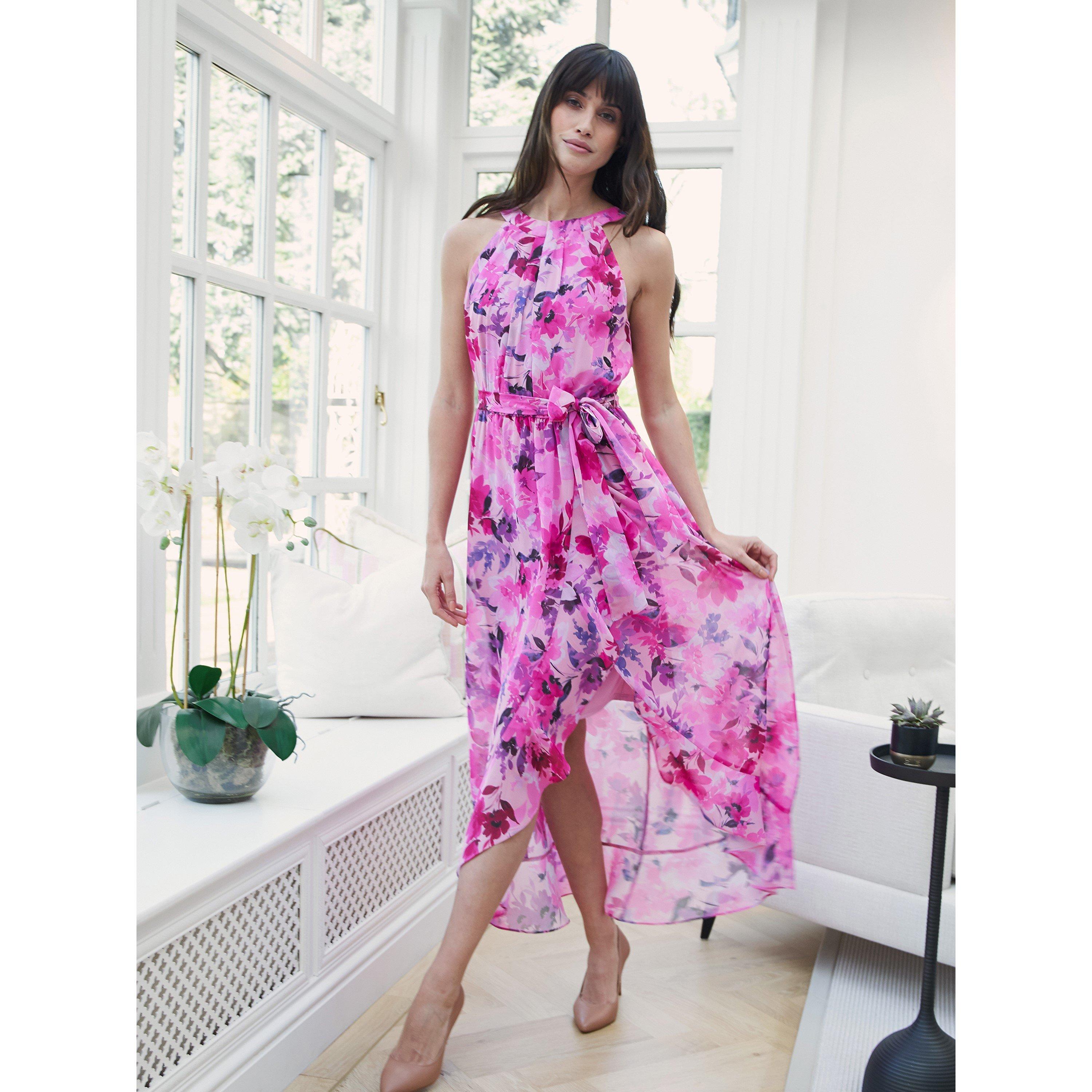 Gina Bacconi Women's Hermione Printed Keyhole Halter Dress - Hot Pink - 22