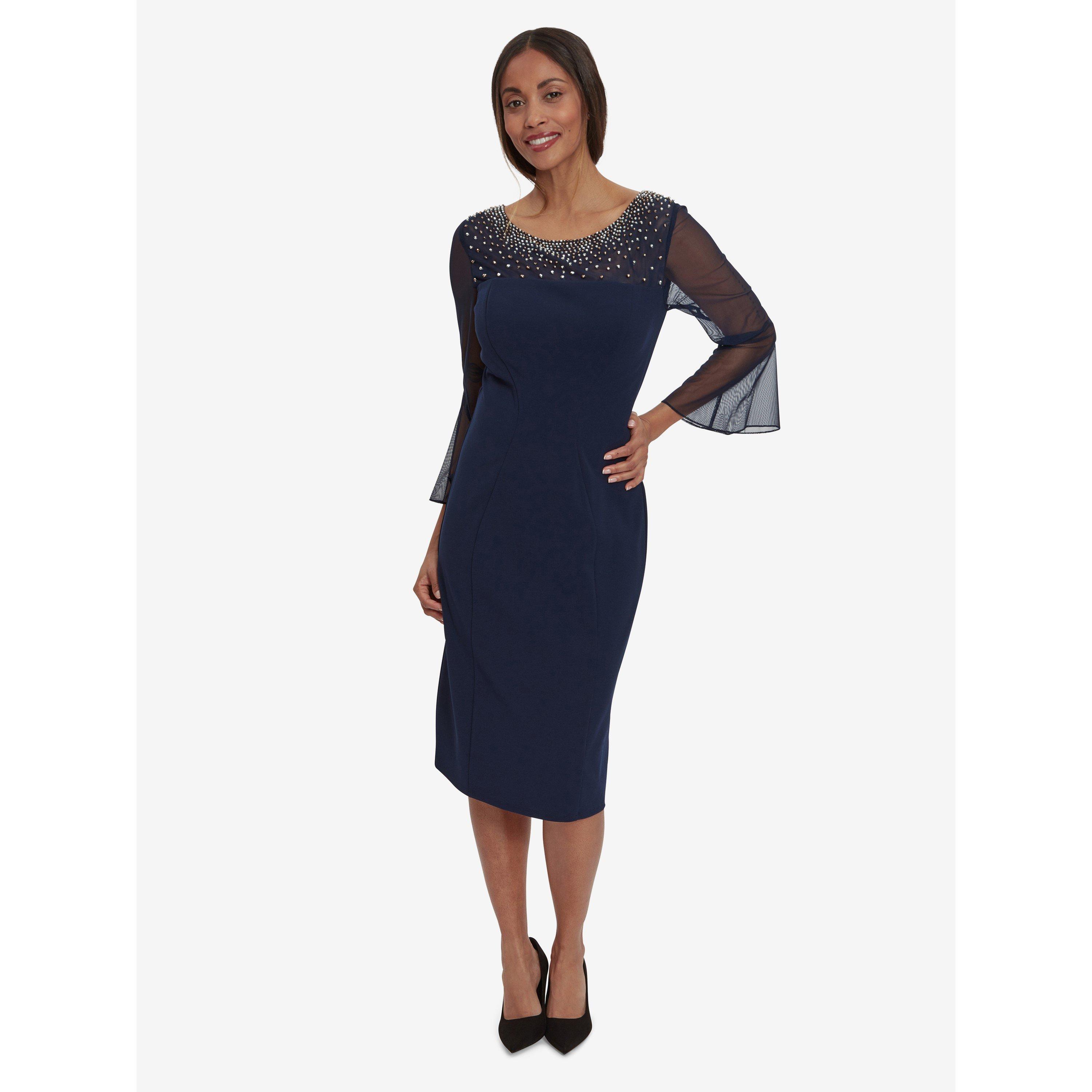 Navy / Silver - Gina Bacconi - Women's Maurine Beaded Neckline Bodycon Dress - 1
