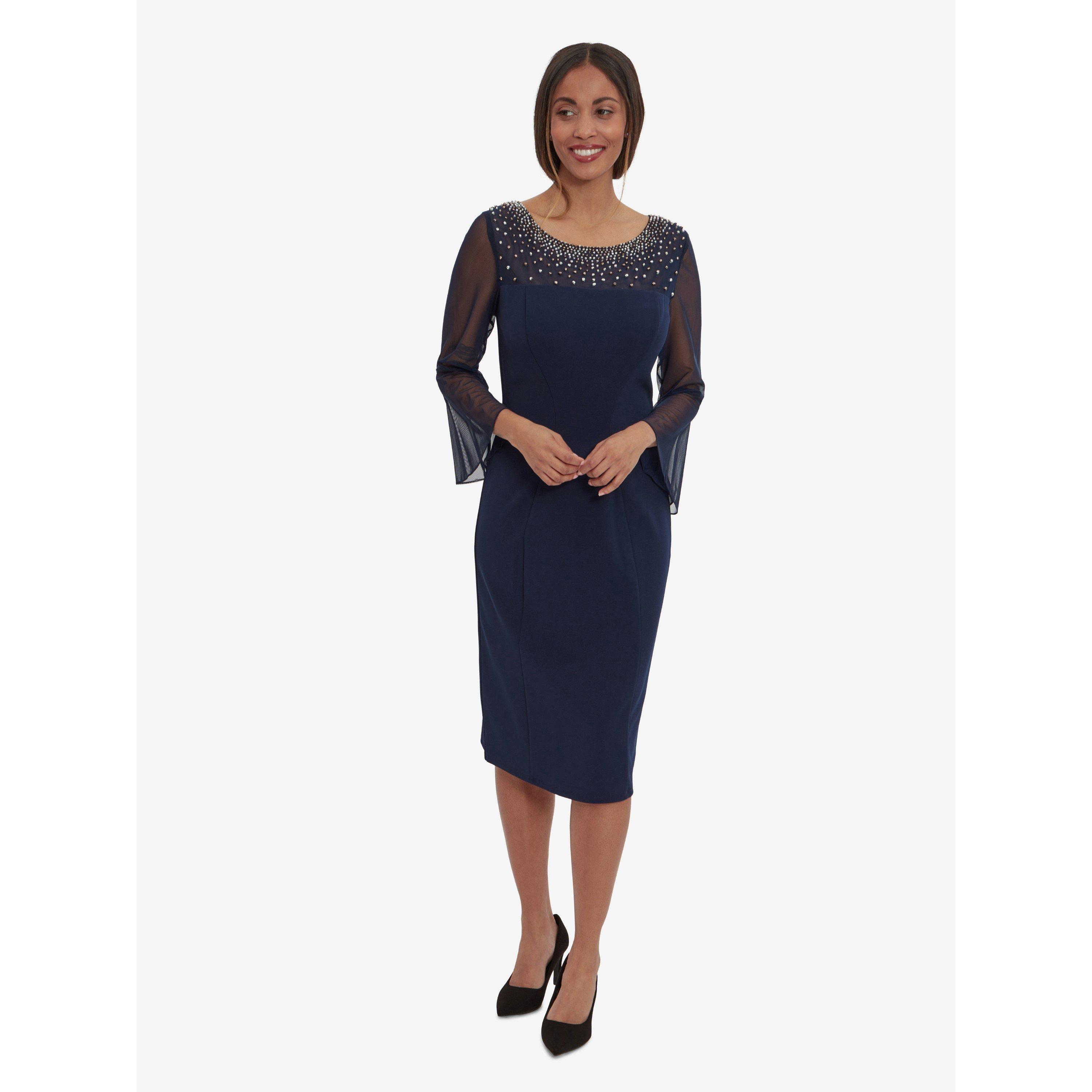 Navy / Silver - Gina Bacconi - Women's Maurine Beaded Neckline Bodycon Dress - 3