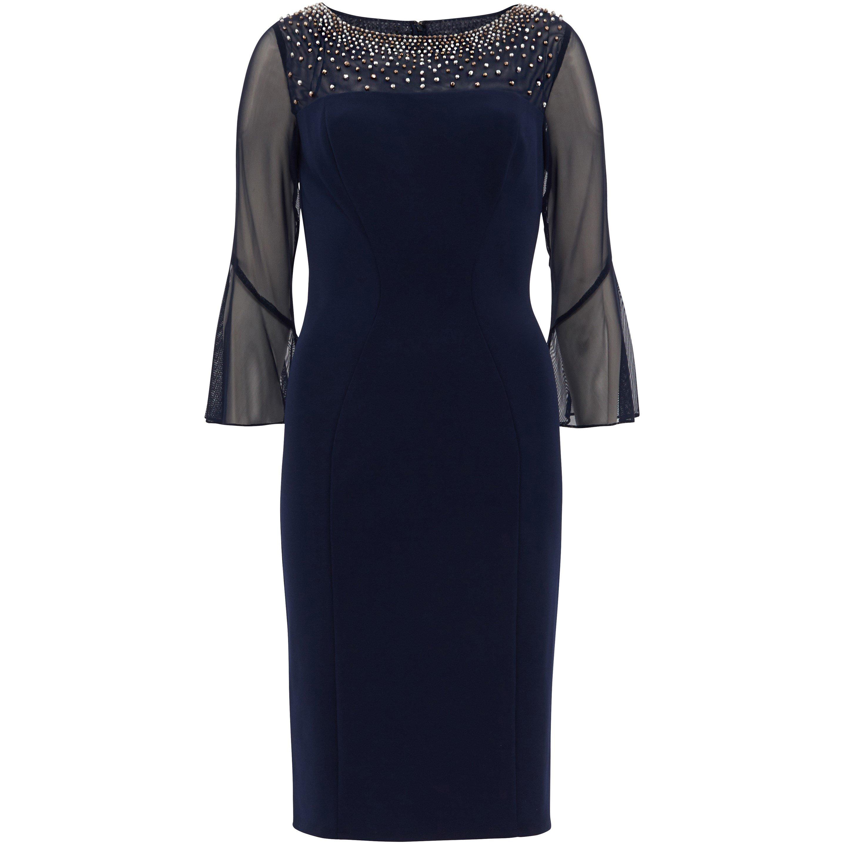 Navy / Silver - Gina Bacconi - Women's Maurine Beaded Neckline Bodycon Dress - 4