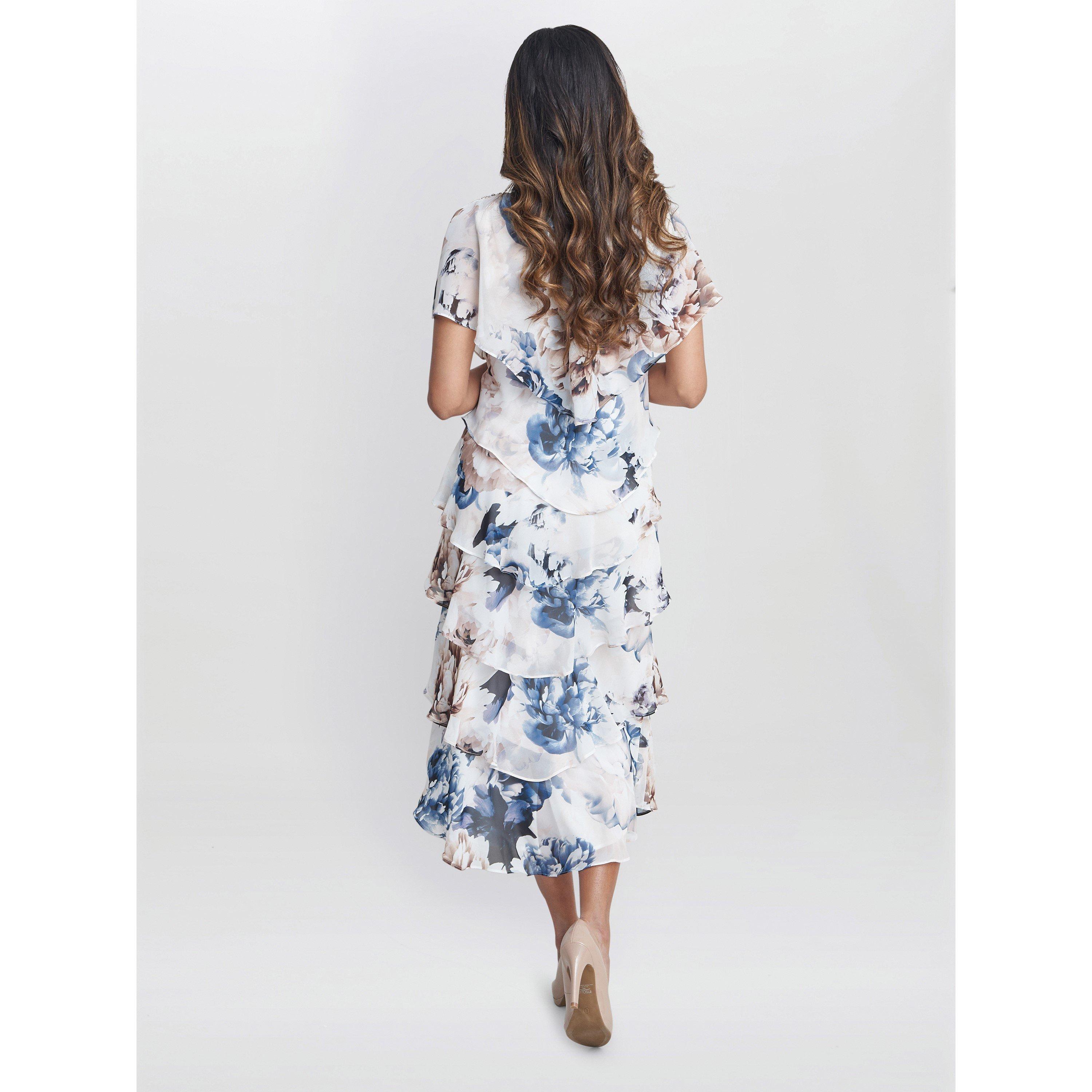Ivory - Gina Bacconi - Jocelyn Midi Length Printed Tiered Dress - 2