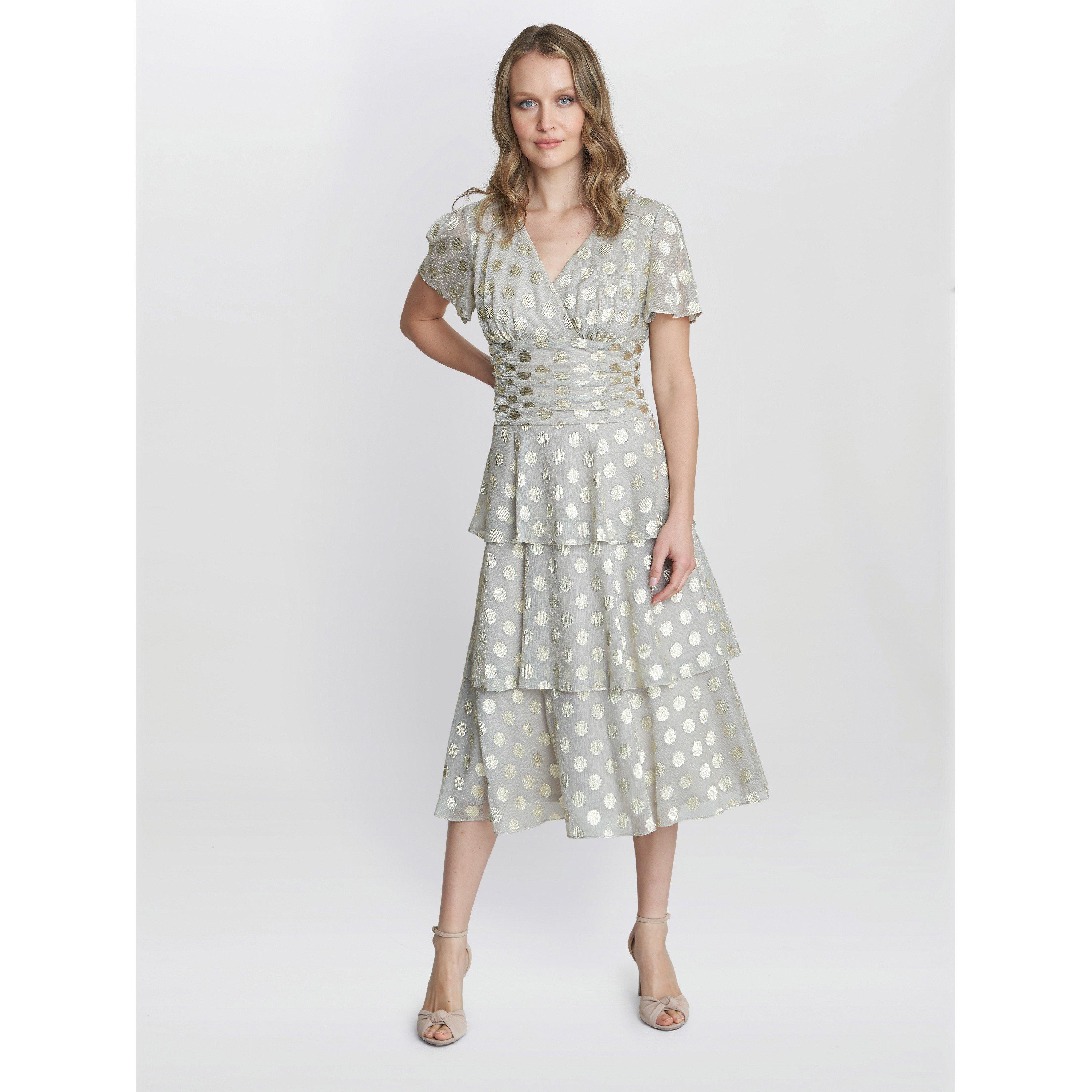 Gold - Gina Bacconi - Cassie Polka Dot Midi Tier Dress - 1