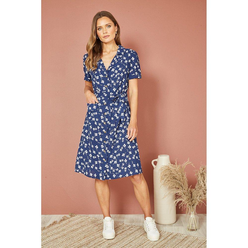 Navy - Yumi - Navy Daisy Print Retro Shirt Dress - 1