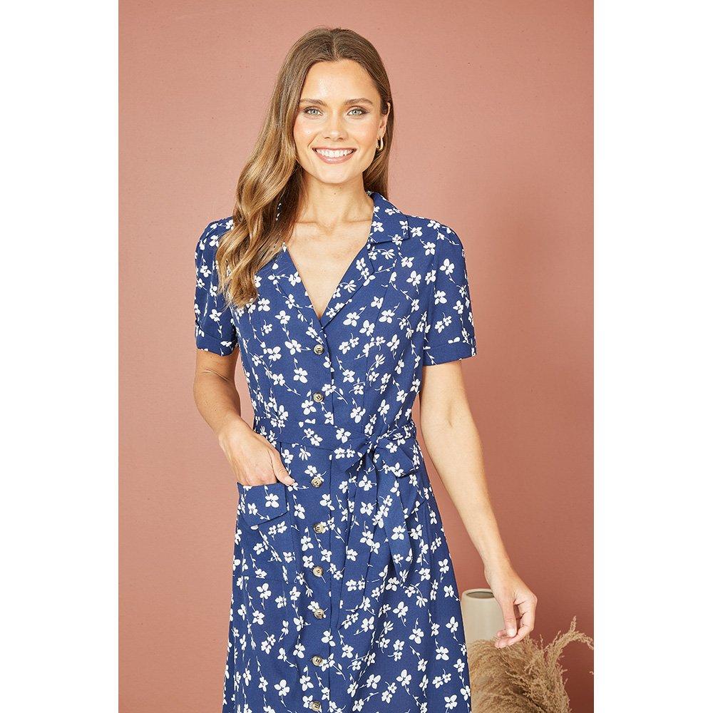 Navy - Yumi - Navy Daisy Print Retro Shirt Dress - 2