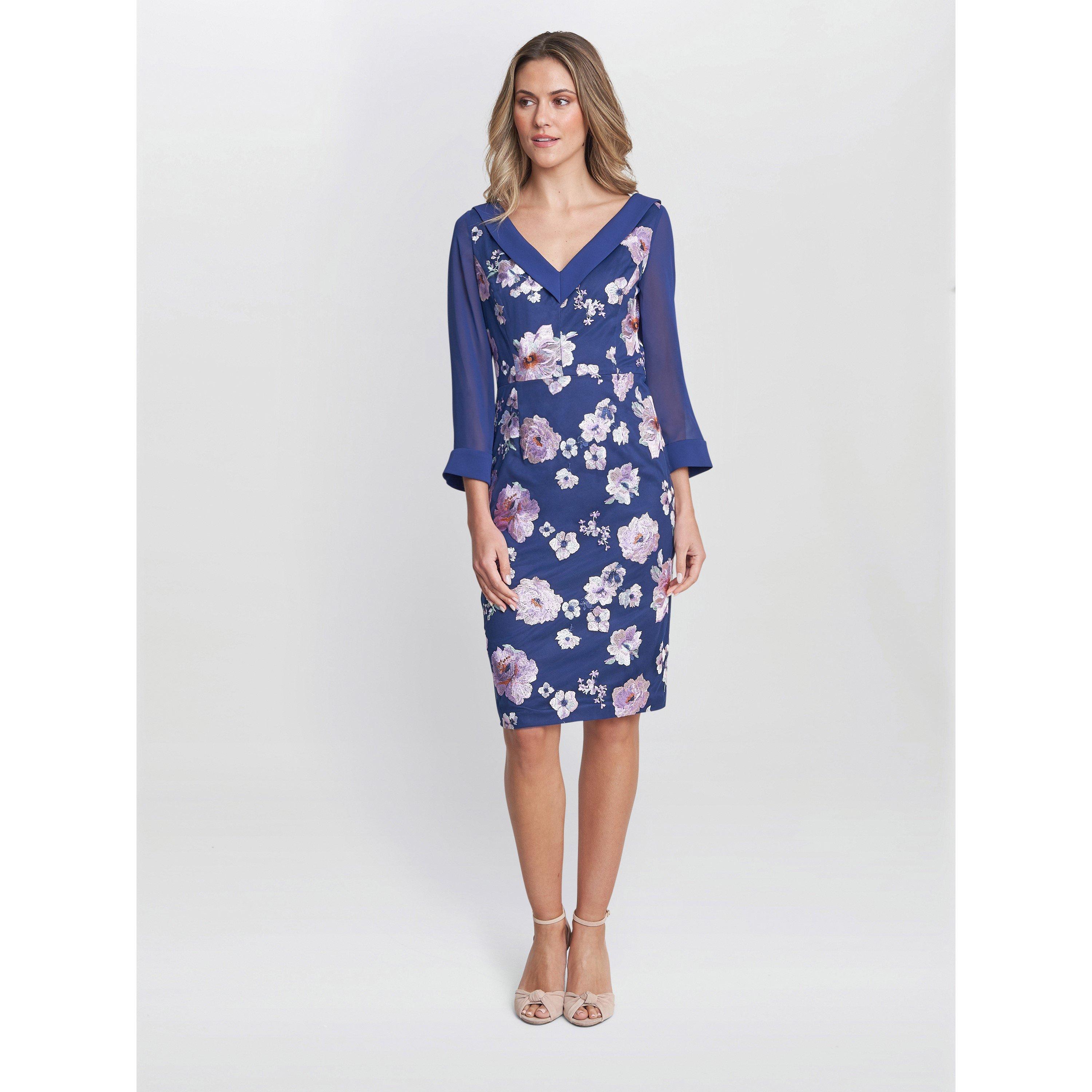 Navy - Gina Bacconi - Daisy Crepe Dress With Embroidery - 3