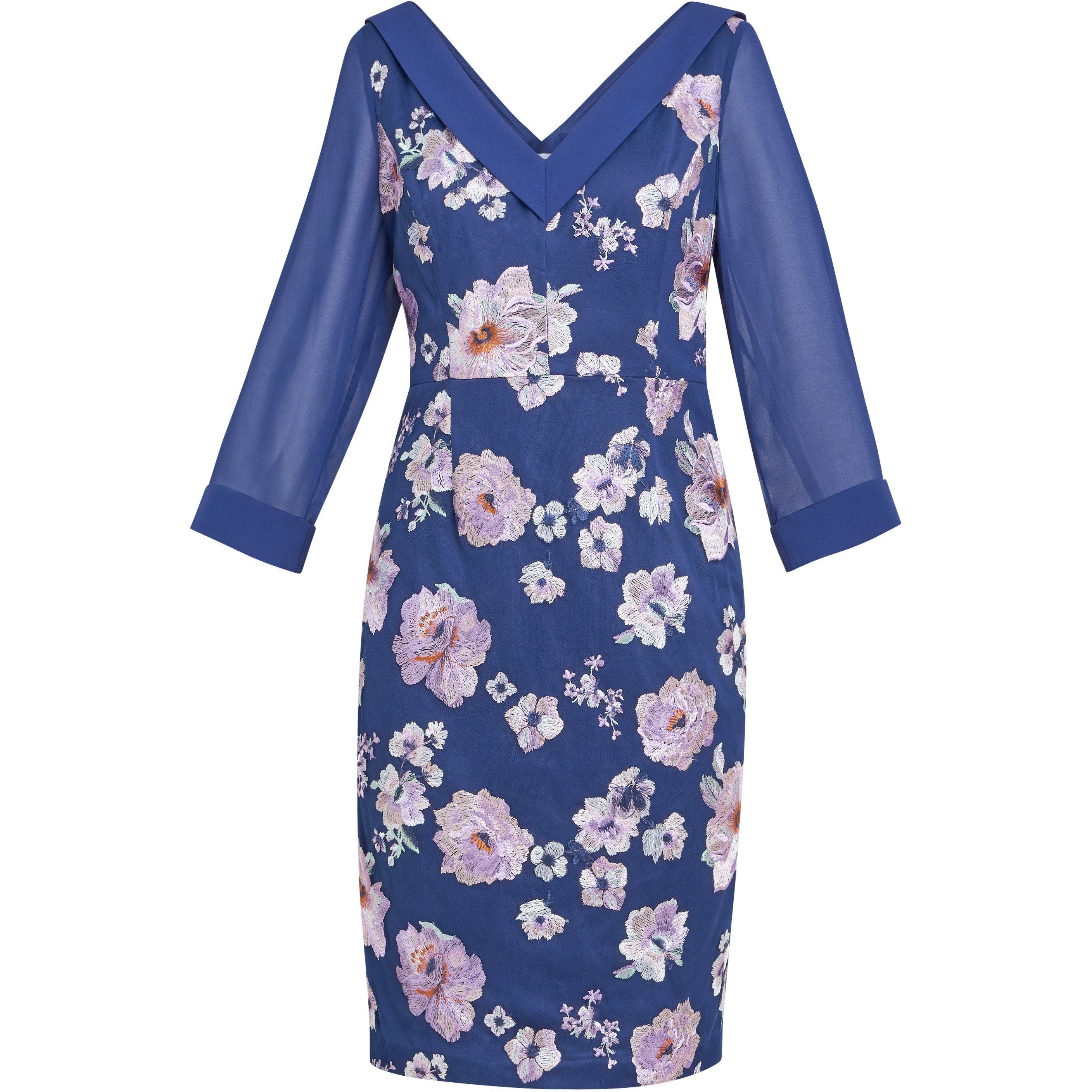 Navy - Gina Bacconi - Daisy Crepe Dress With Embroidery - 4