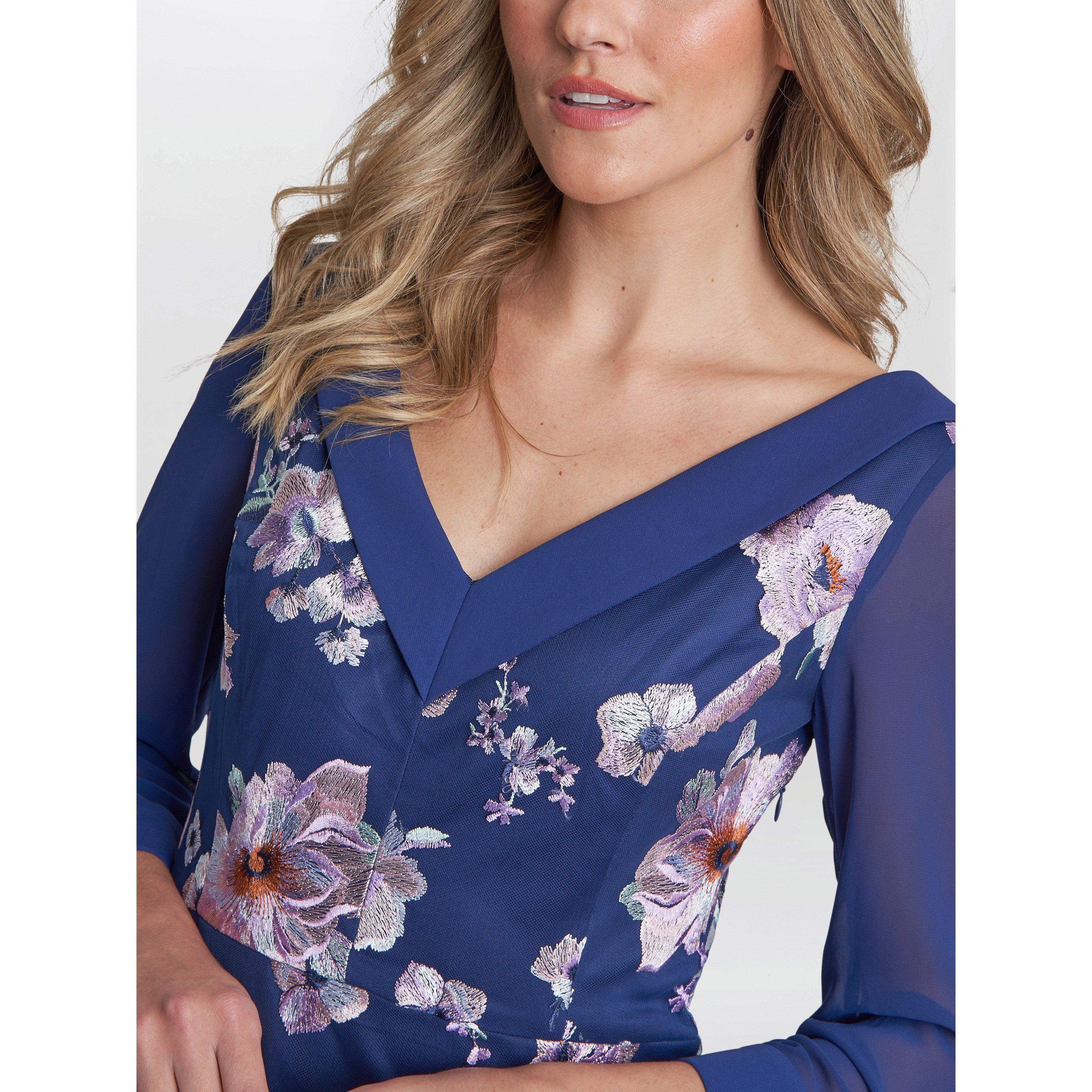 Navy - Gina Bacconi - Daisy Crepe Dress With Embroidery - 5