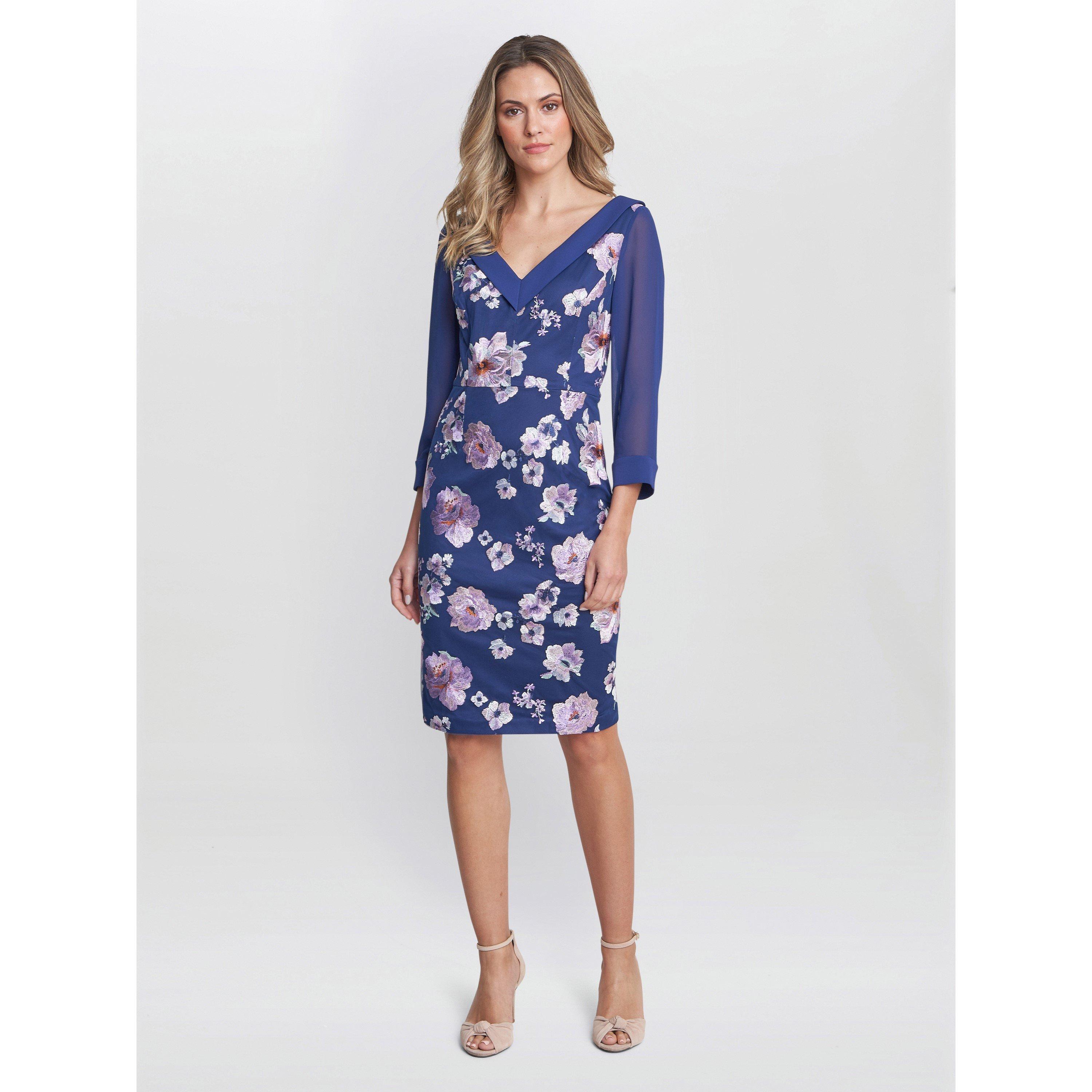 Navy - Gina Bacconi - Daisy Crepe Dress With Embroidery - 6