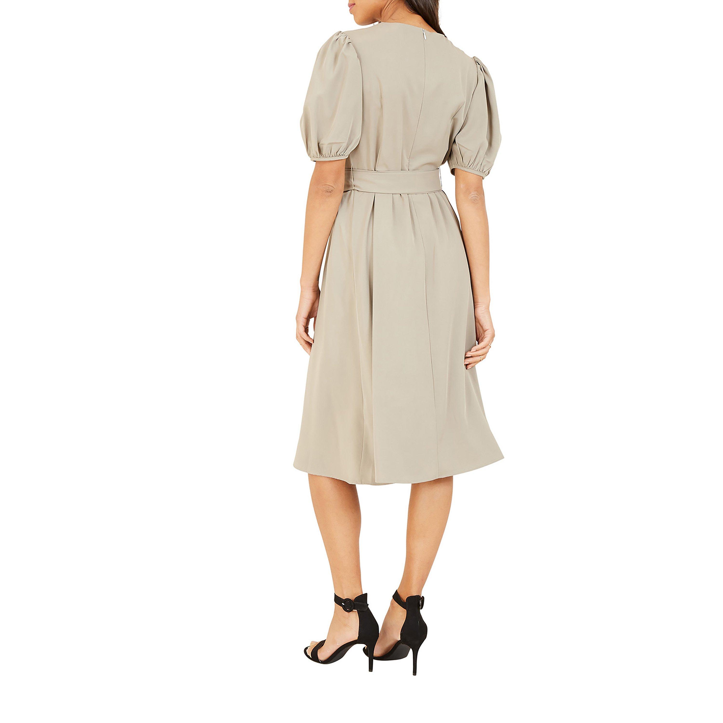 Grey - Yumi - Puff Sleeve Belted Midi Dress In Grey - 3