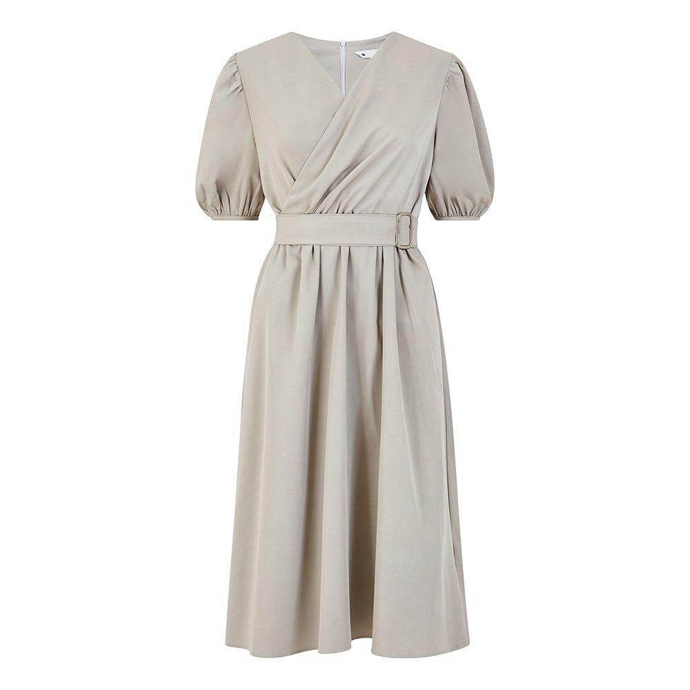 Grey - Yumi - Puff Sleeve Belted Midi Dress In Grey - 4