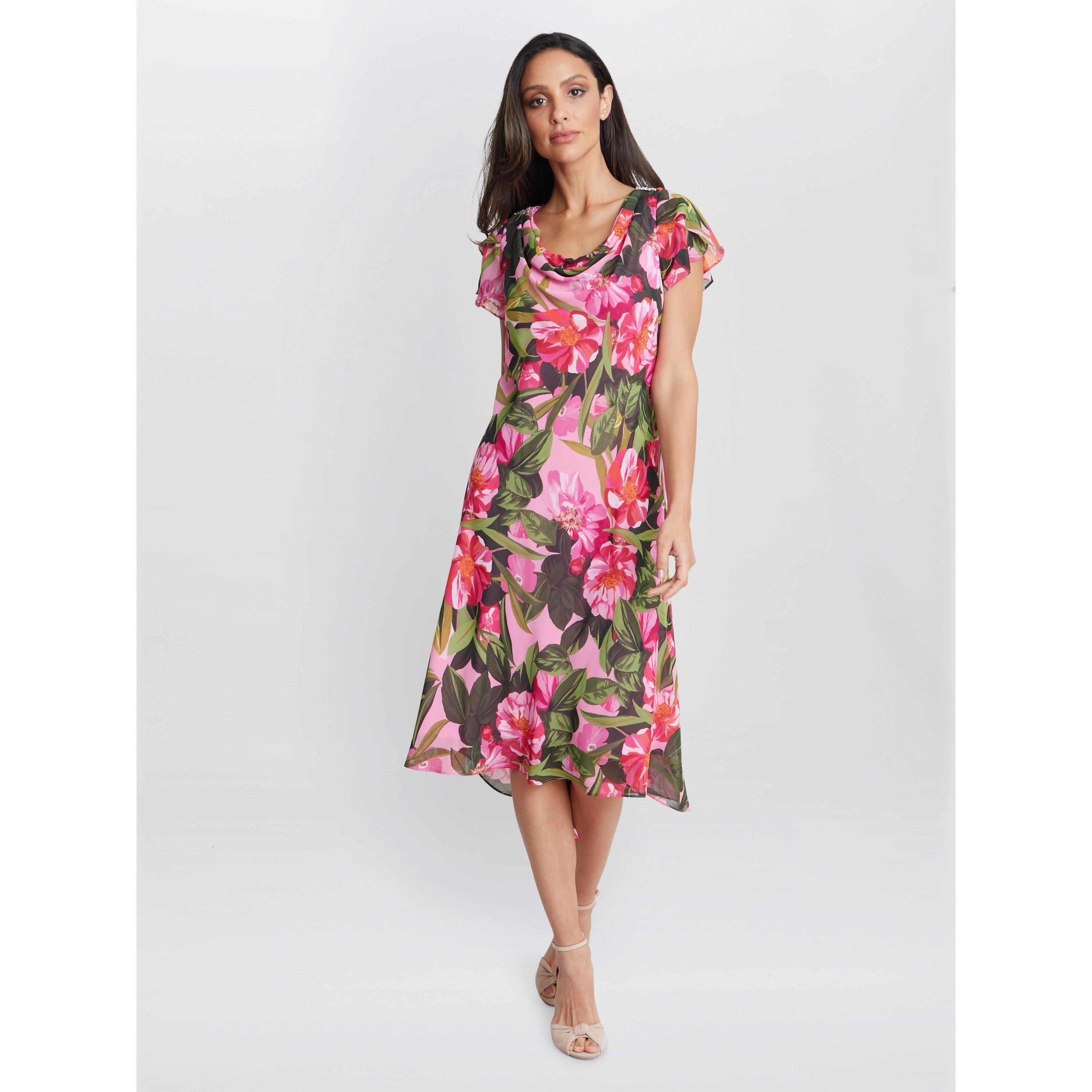 Gina Bacconi Women's Ophelia Midi Printed Cowl Neck Dress - Pink - 16