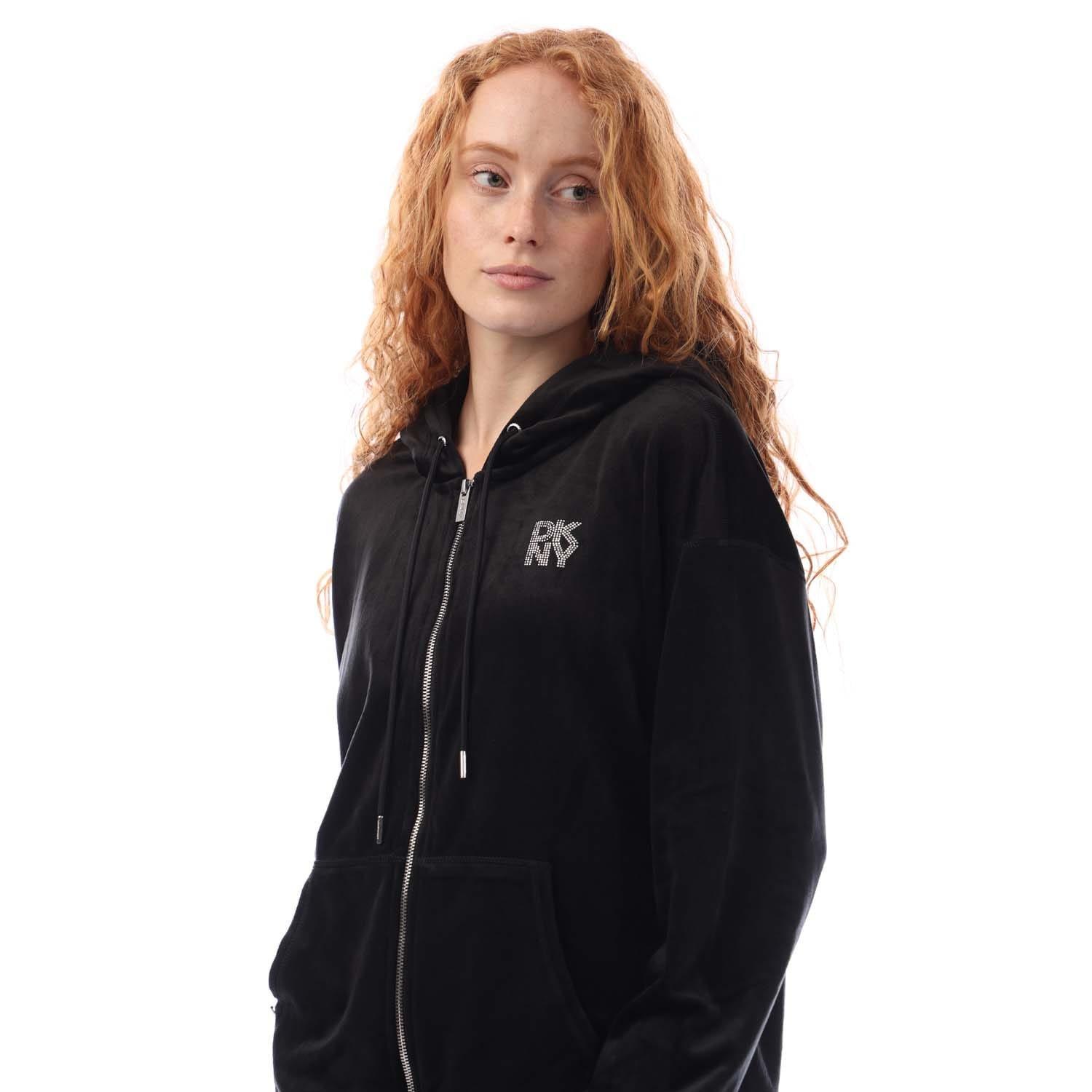 Black - DKNY - Full Zip Rhinestone Logo Velour Hoody - 2