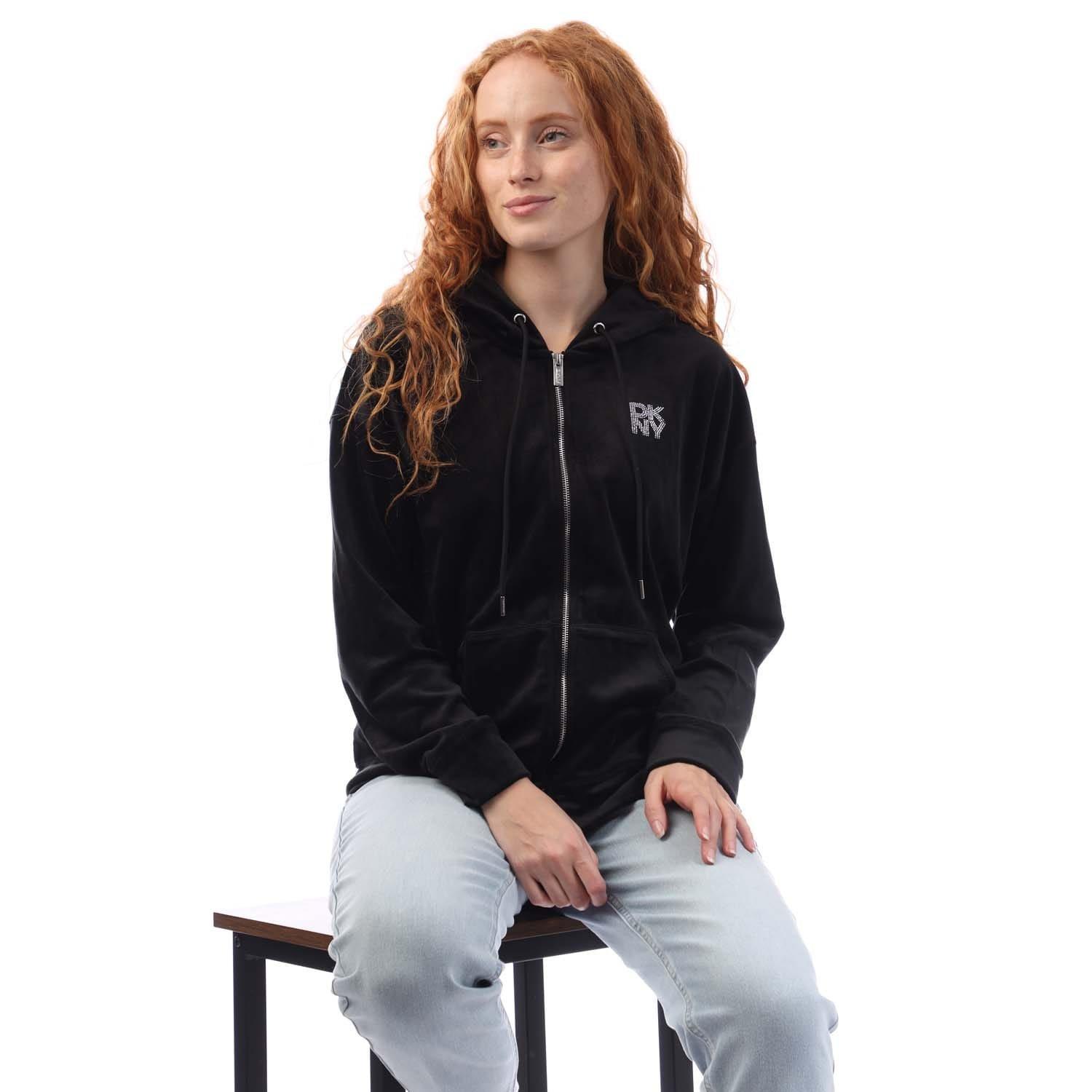Black - DKNY - Full Zip Rhinestone Logo Velour Hoody - 4