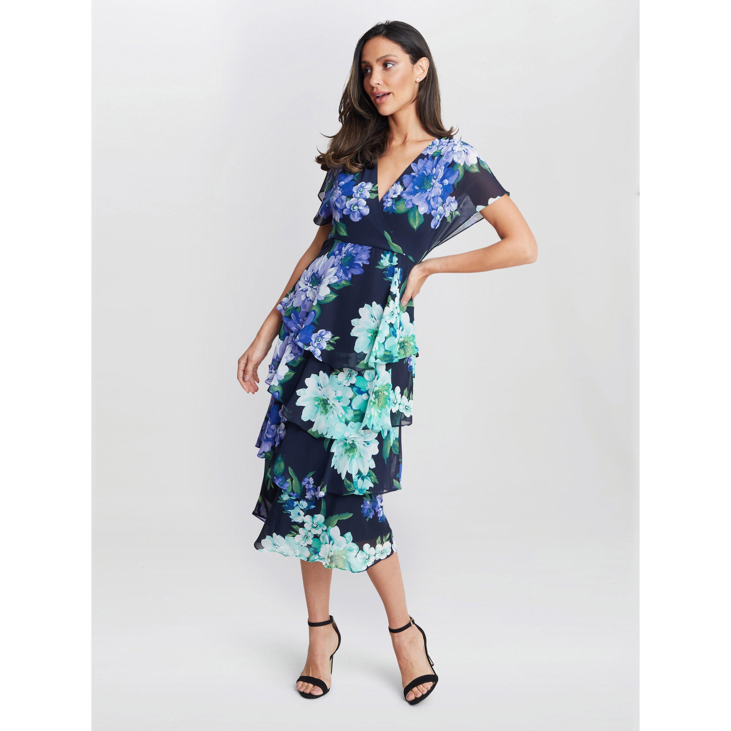 Navy / Multi - Gina Bacconi - Marie Midi Printed Tiered Dress - 3