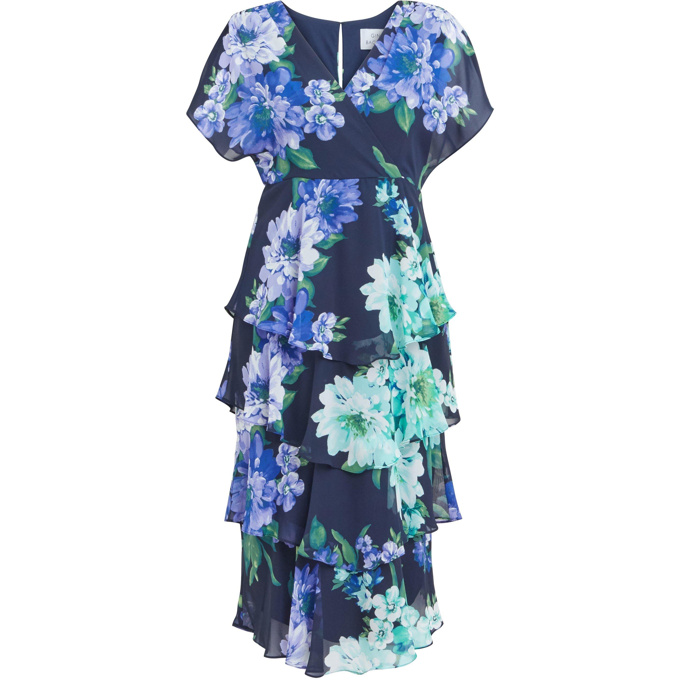 Navy / Multi - Gina Bacconi - Marie Midi Printed Tiered Dress - 4
