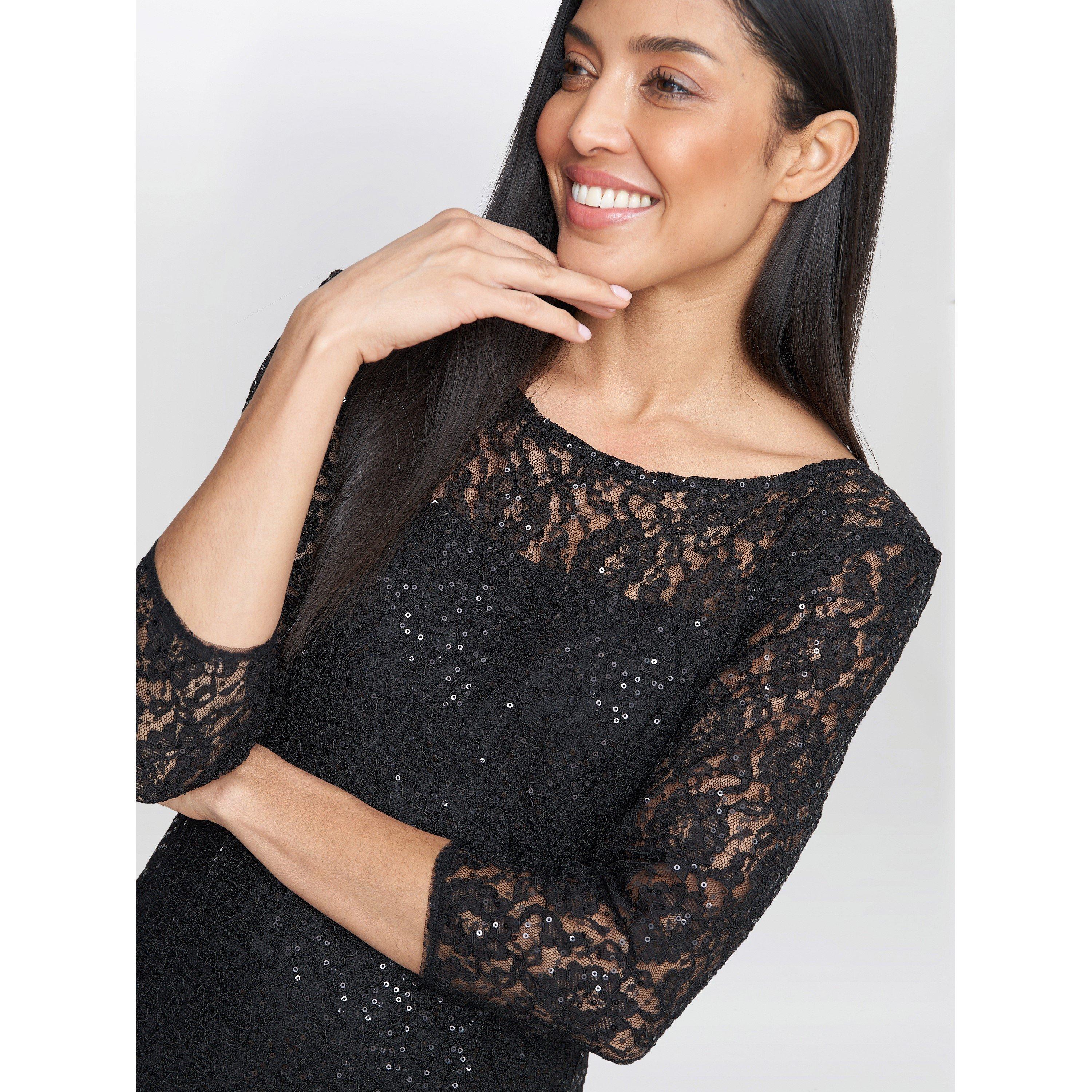 Black - Gina Bacconi - Elianna Midi Sequin Lace Cocktail Dress - 5