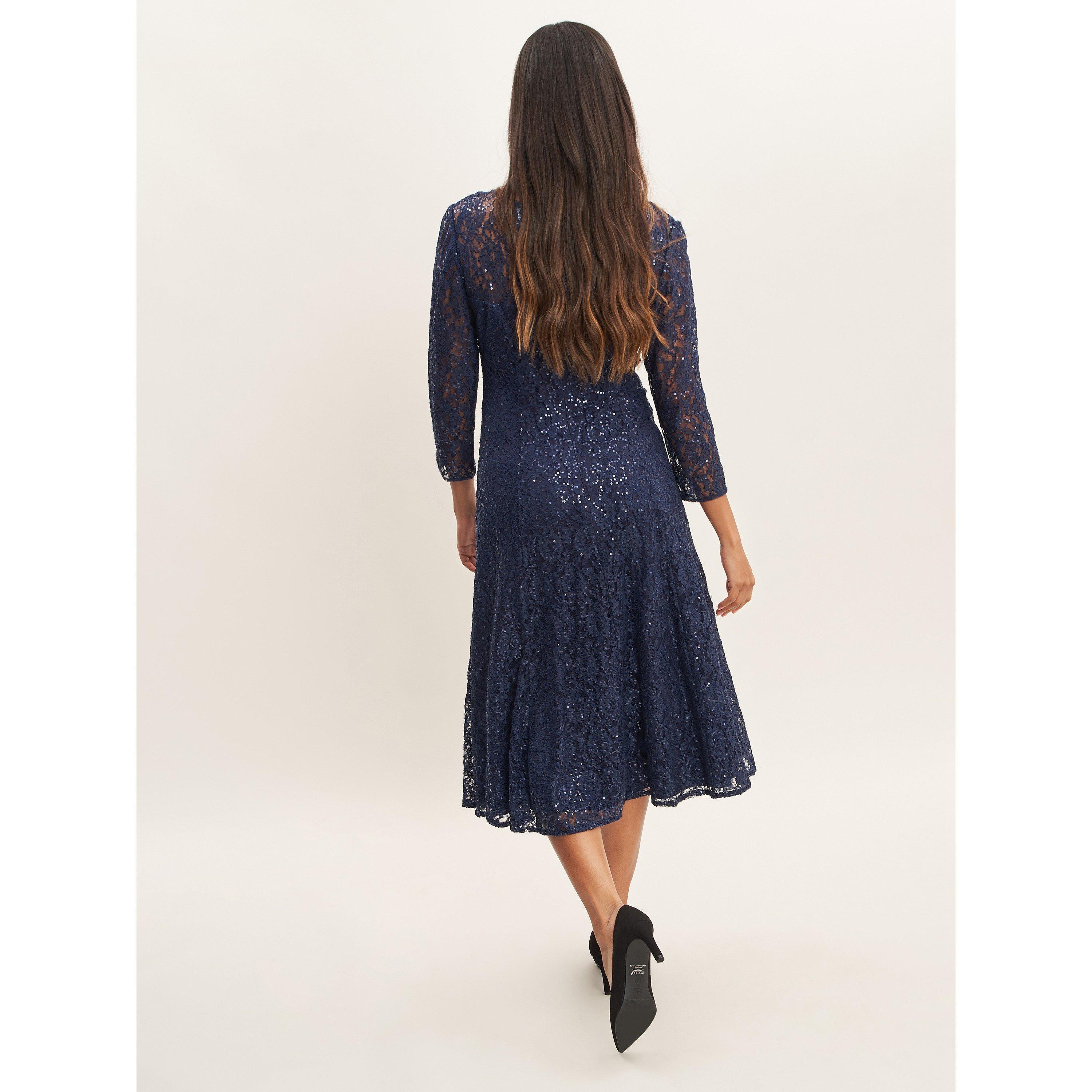 Navy - Gina Bacconi - Elianna Midi Sequin Lace Cocktail Dress - 2