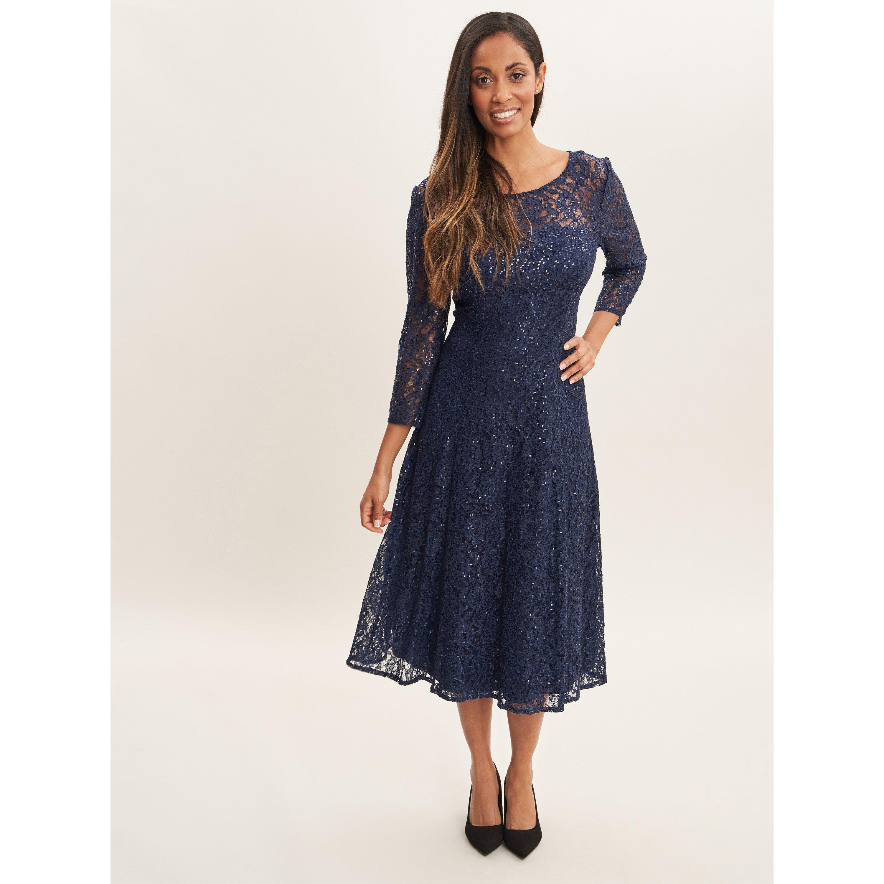 Navy - Gina Bacconi - Elianna Midi Sequin Lace Cocktail Dress - 3